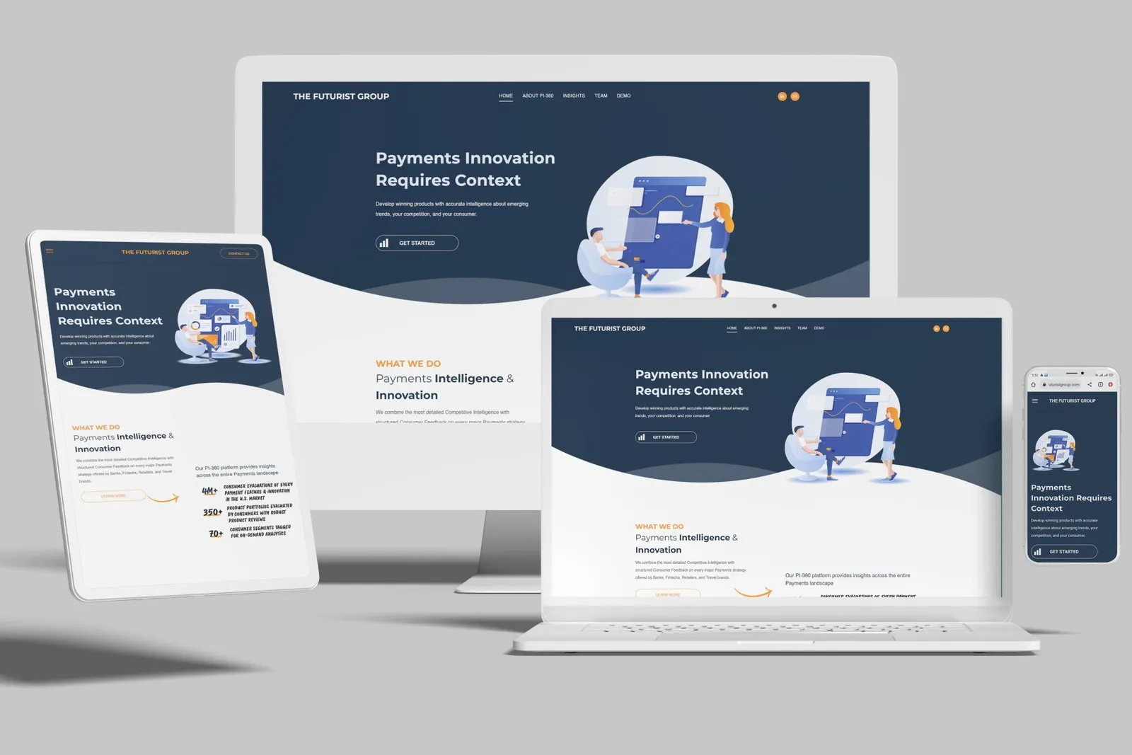 FinTech company website shown on desktop, laptop, tablet and phone