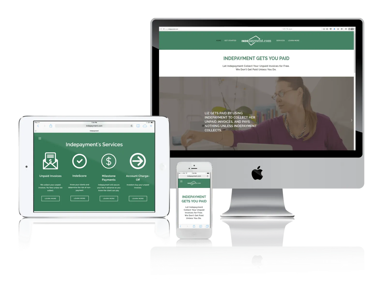 Payment collection service website shown on desktop, laptop, tablet and phone