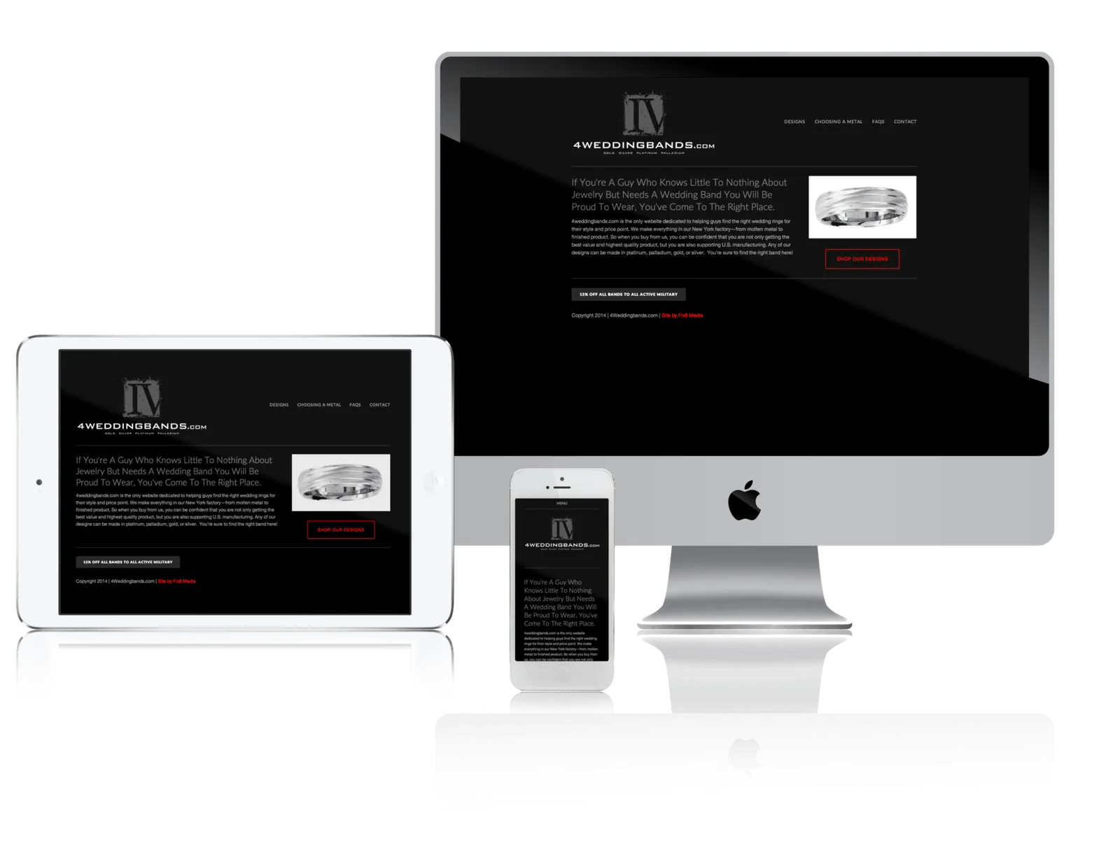 Men's wedding band store website shown on desktop, laptop, tablet and phone