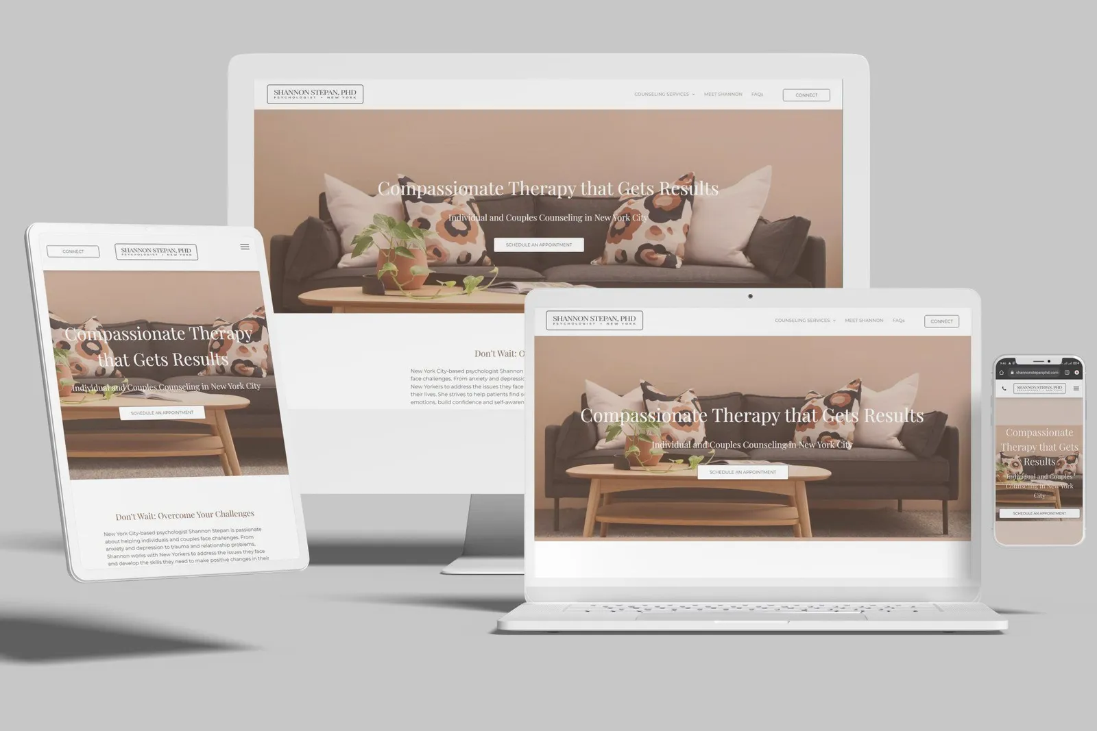 Psychologist website shown on desktop, laptop, tablet and phone