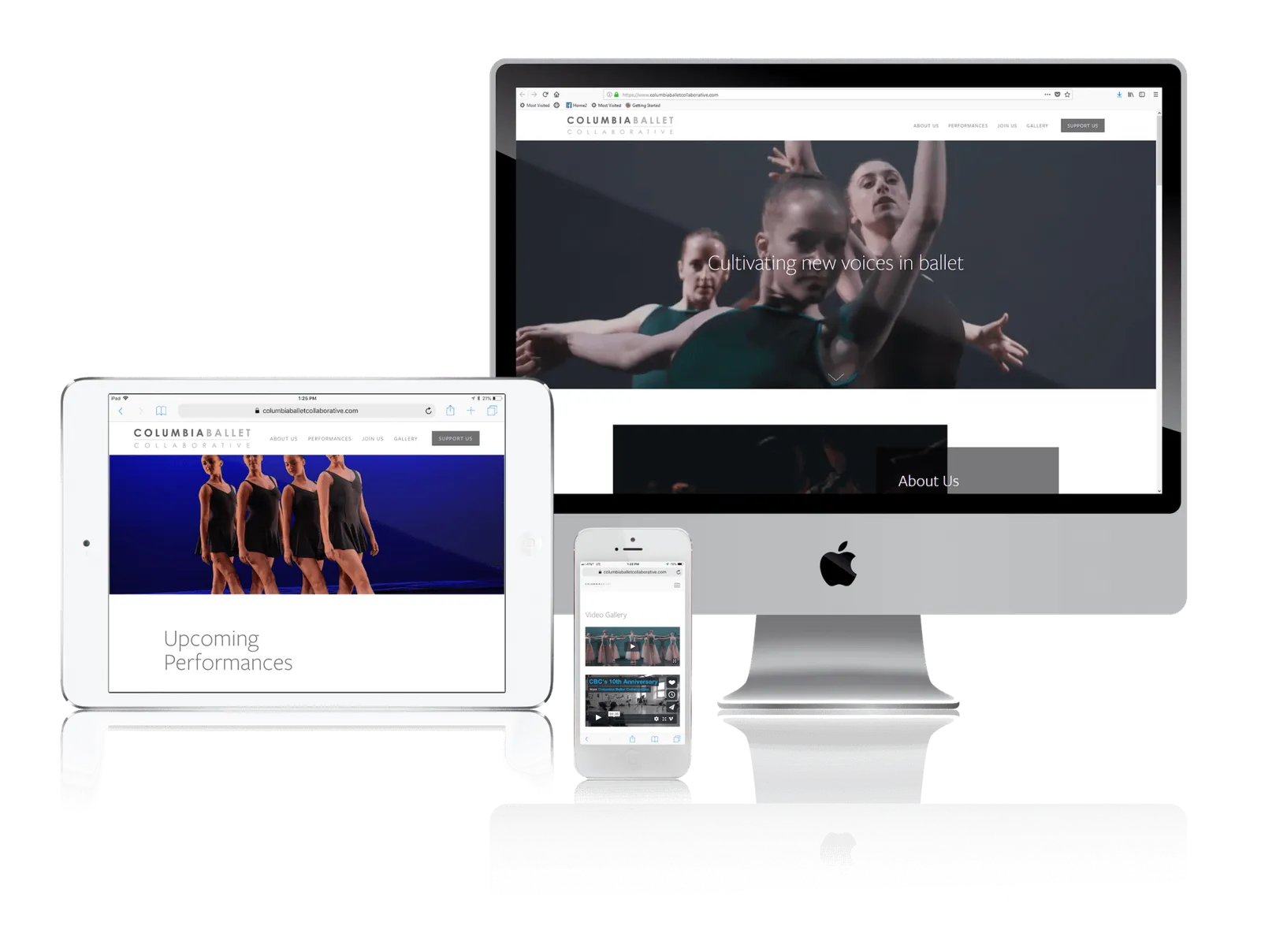 New York student ballet company website shown on desktop, laptop, tablet and phone
