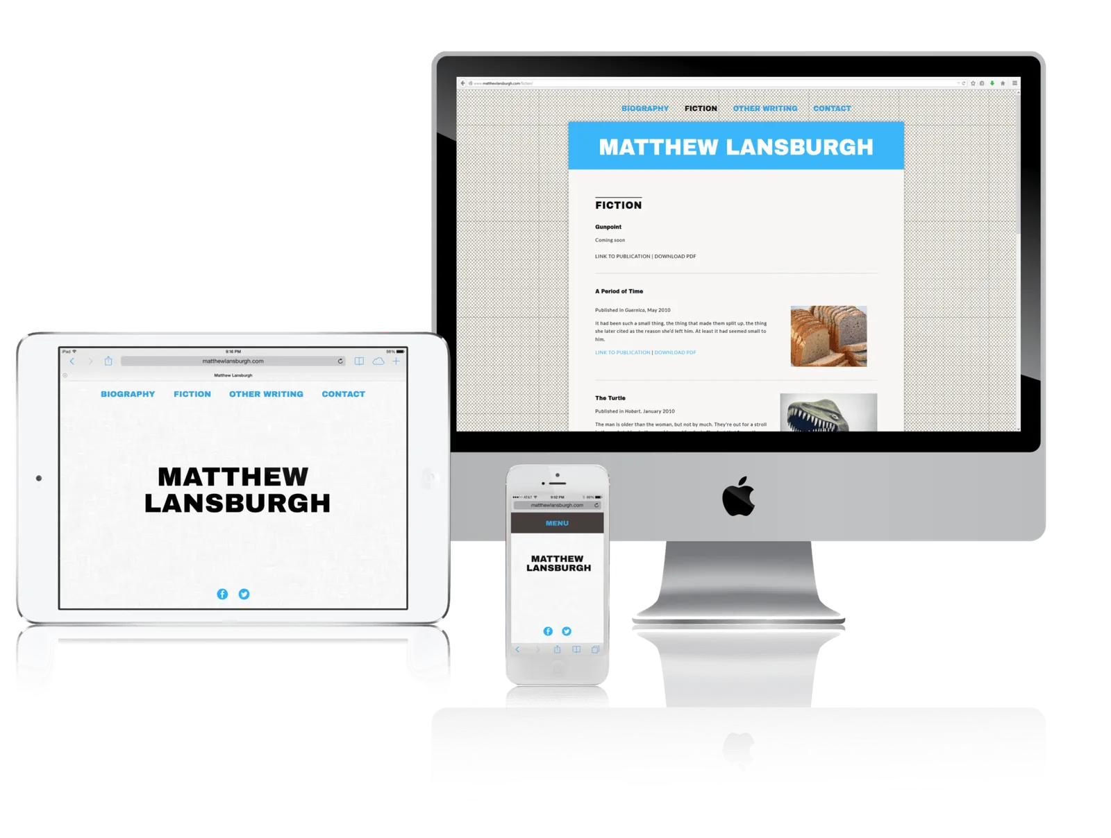 Writer website shown on desktop, laptop, tablet and phone