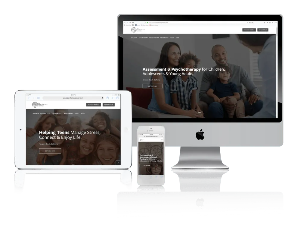 Psychology group practice website shown on desktop, laptop, tablet and phone