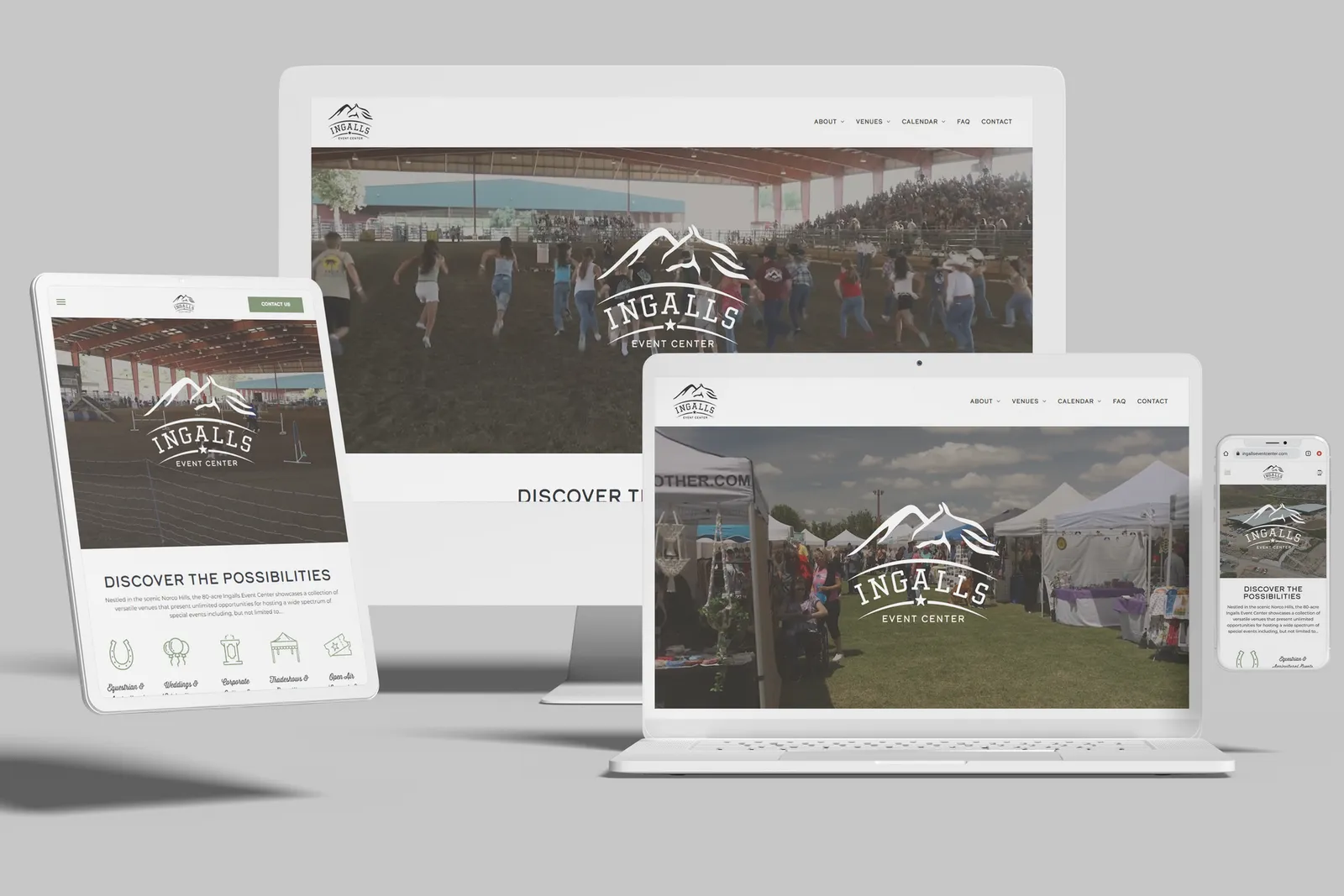 Event center website shown on desktop, laptop, tablet and phone