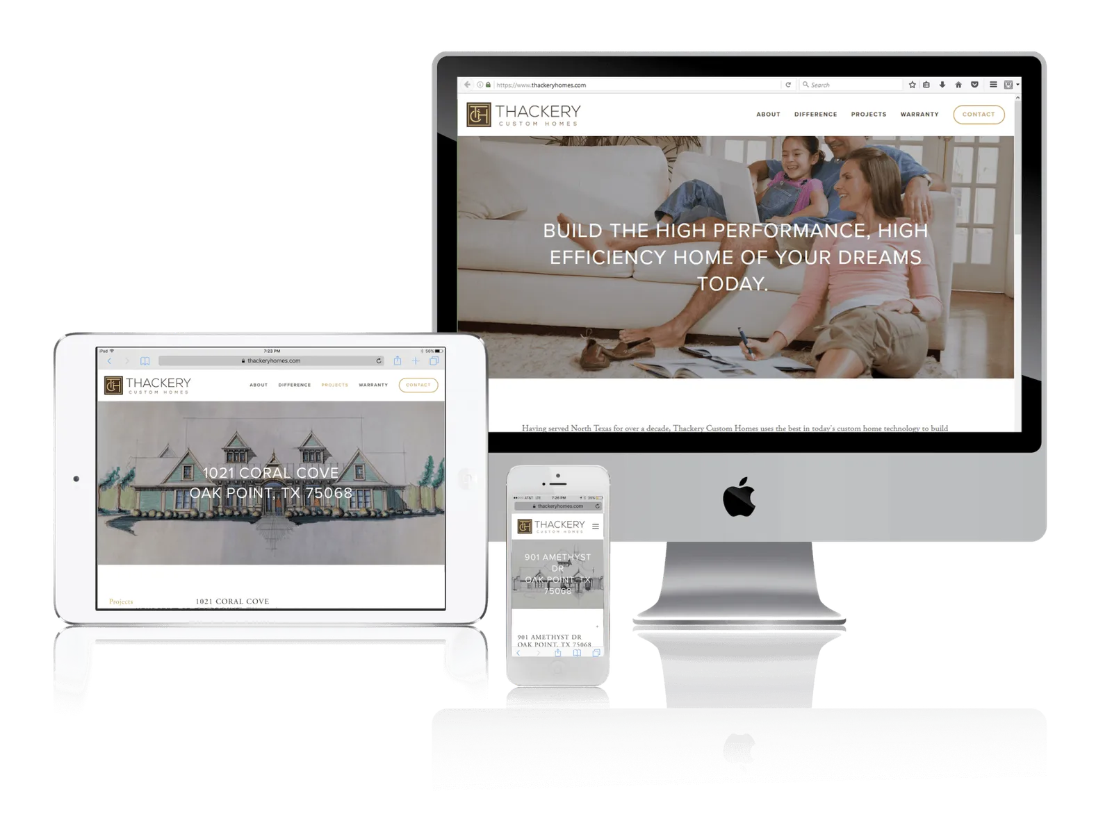 Custom home builder website shown on desktop, laptop, tablet and phone
