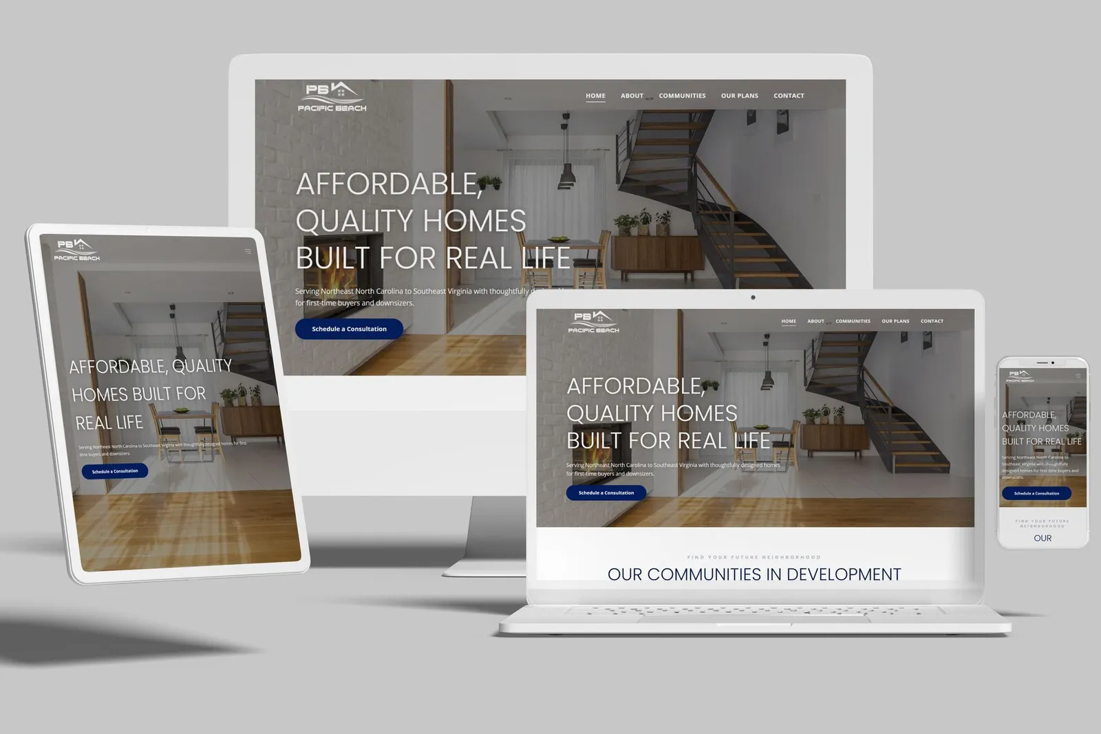 Home builder website shown on desktop, laptop, tablet and phone