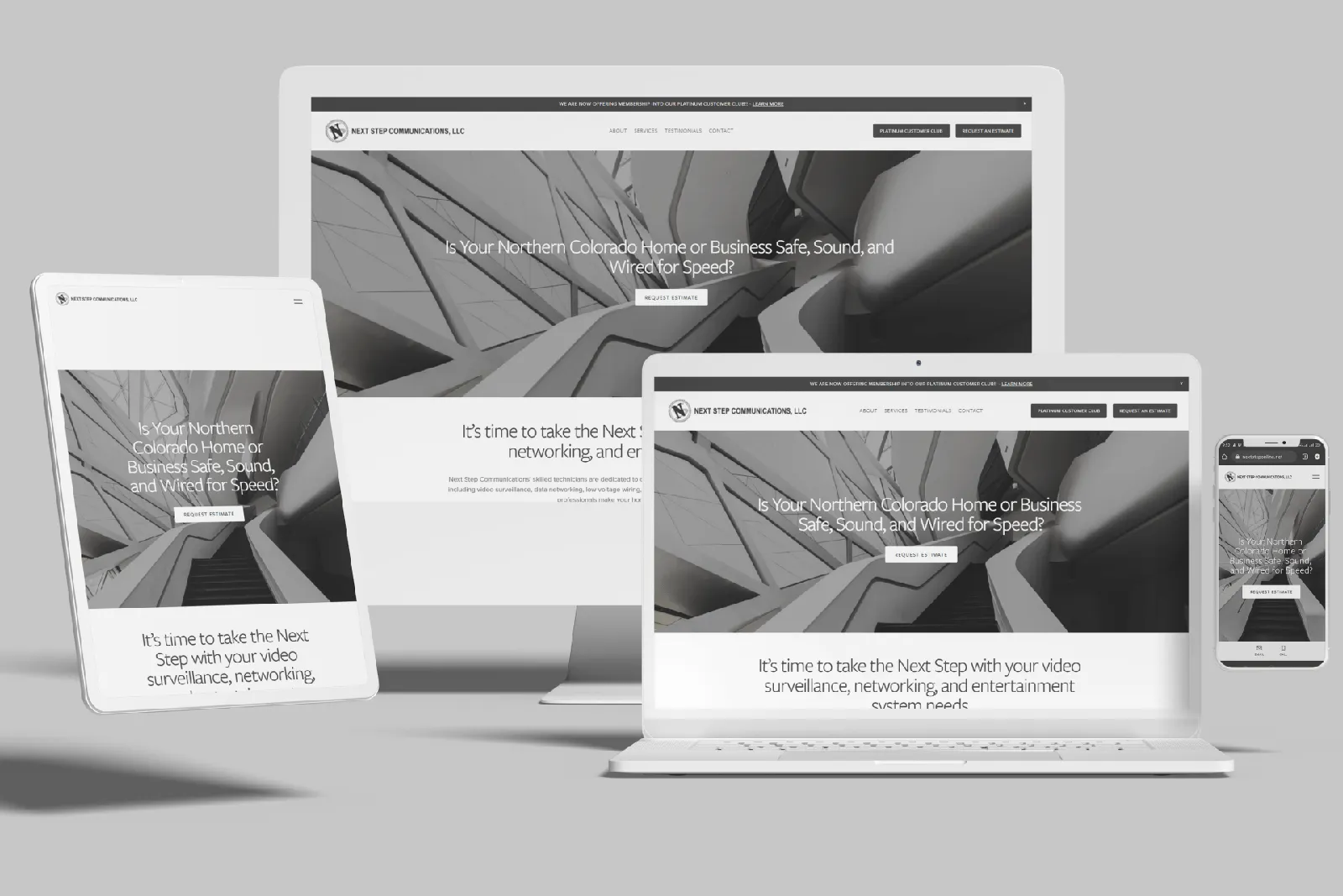 Home technology installer website shown on desktop, laptop, tablet and phone