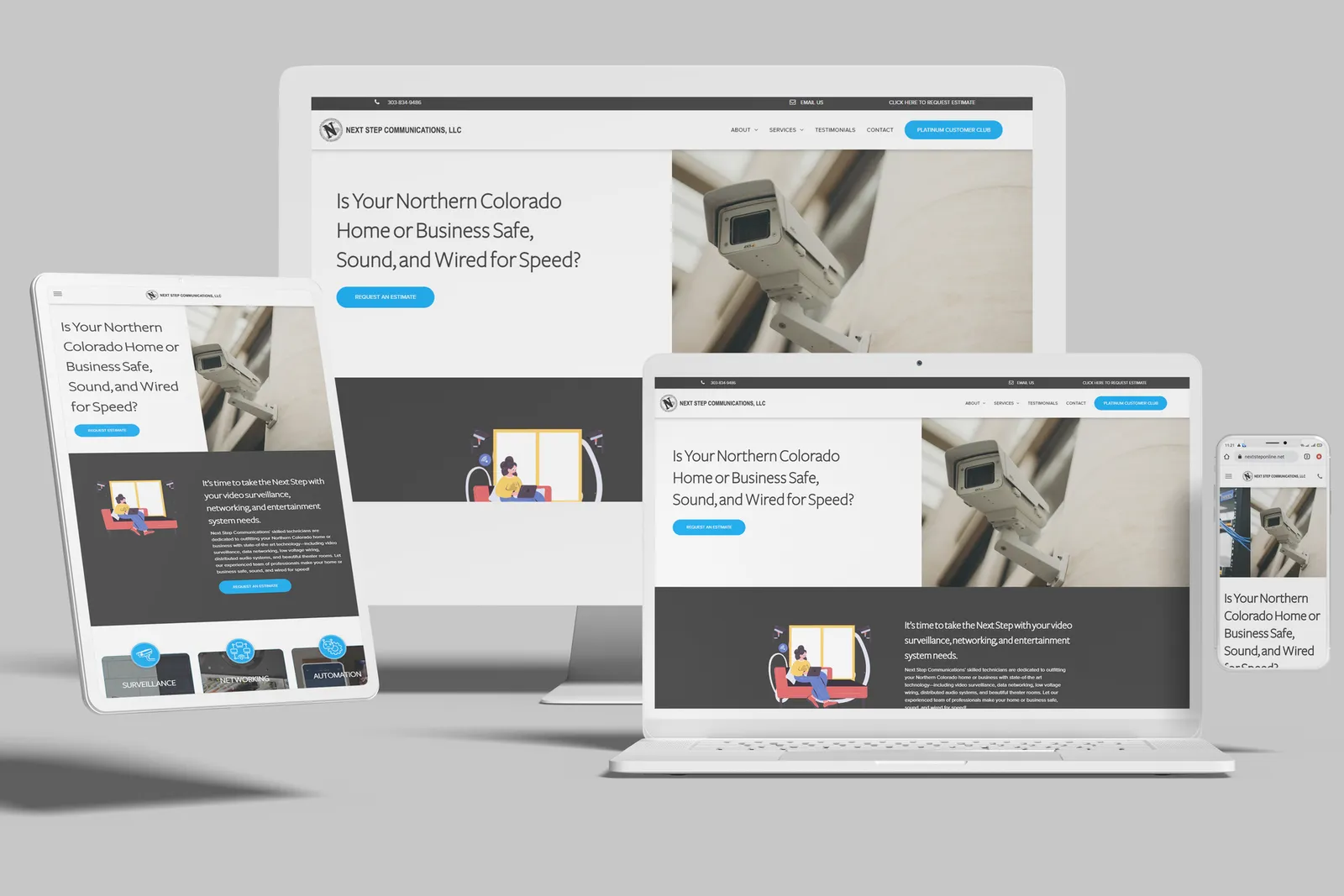 Networking and surveillance website shown on desktop, laptop, tablet and phone