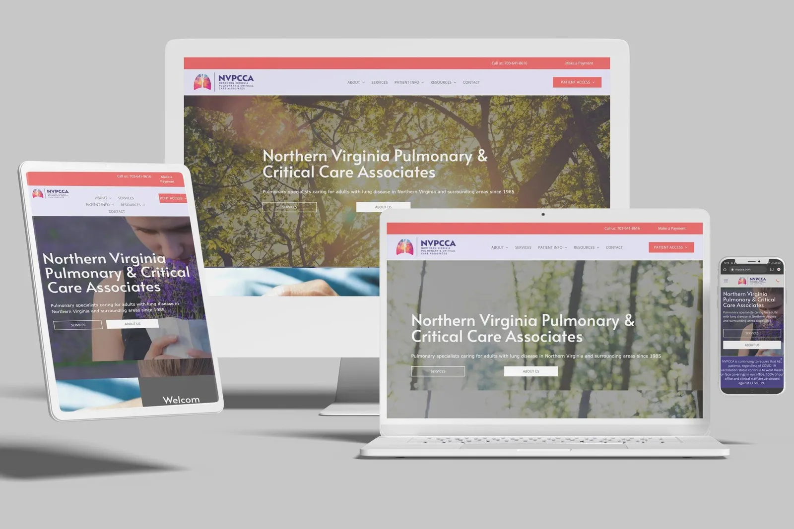 Pulmonology practice website shown on desktop, laptop, tablet and phone