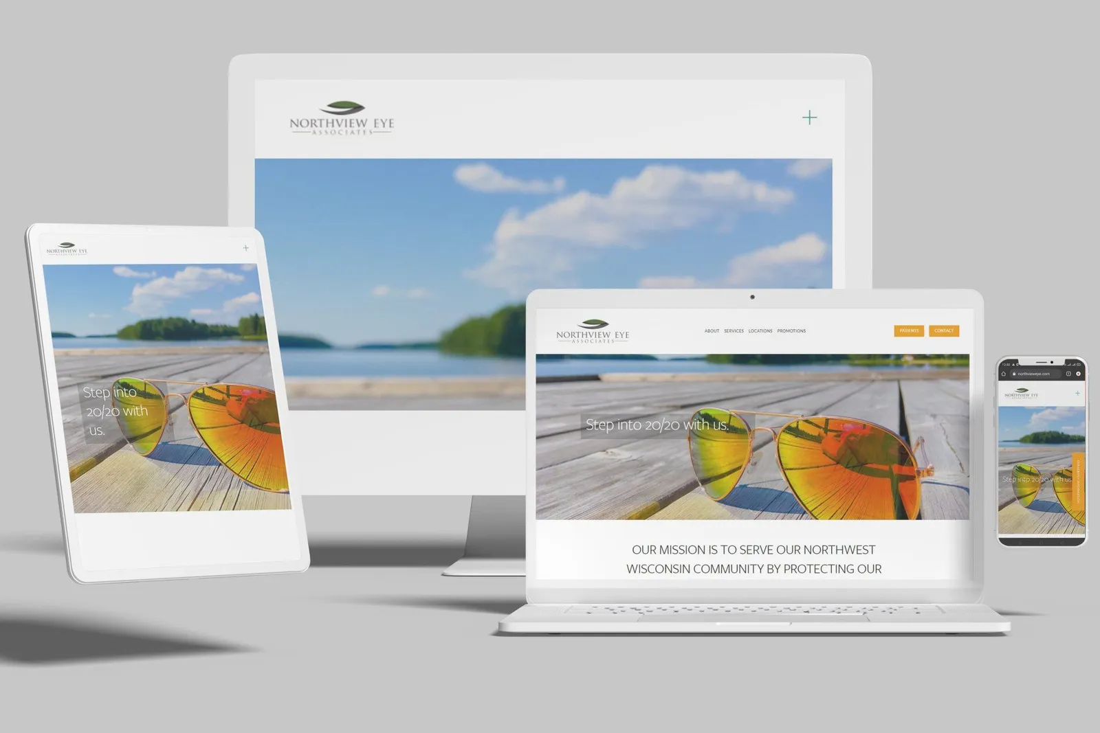 Eye care practice website shown on desktop, laptop, tablet and phone