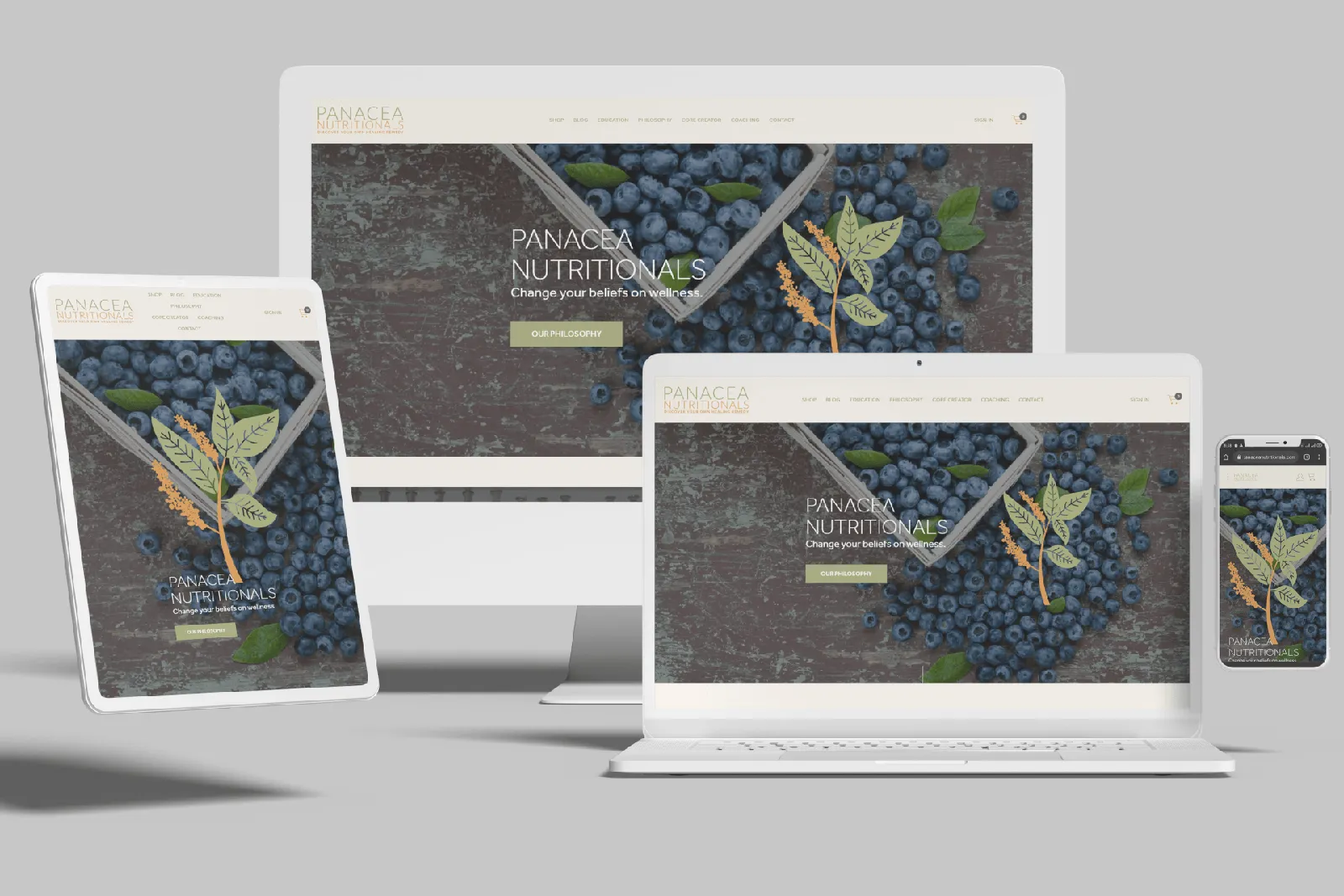 Nutritional supplement business website shown on desktop, laptop, tablet and phone