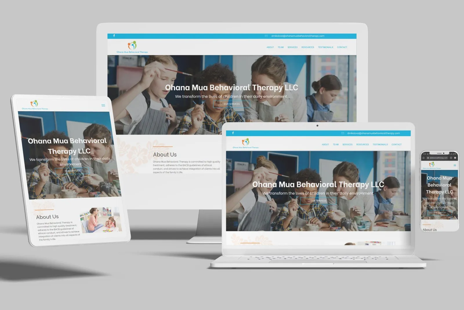Children's therapy practice website shown on desktop, laptop, tablet and phone