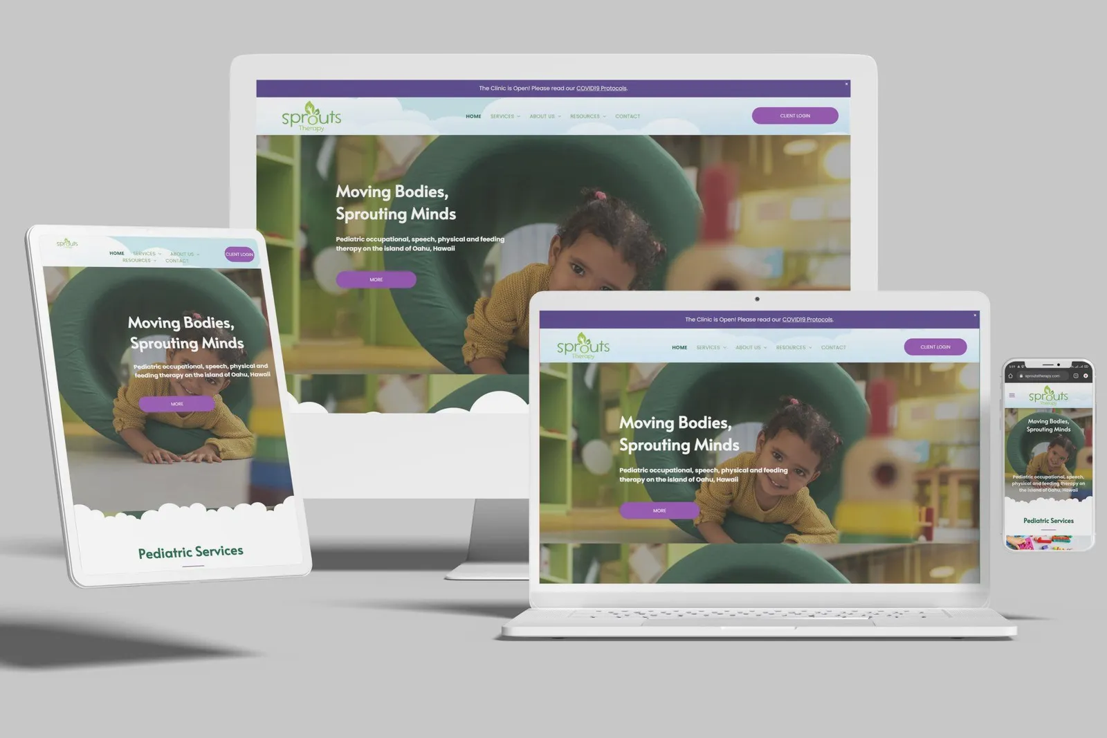 Children's therapy practice website shown on desktop, laptop, tablet and phone