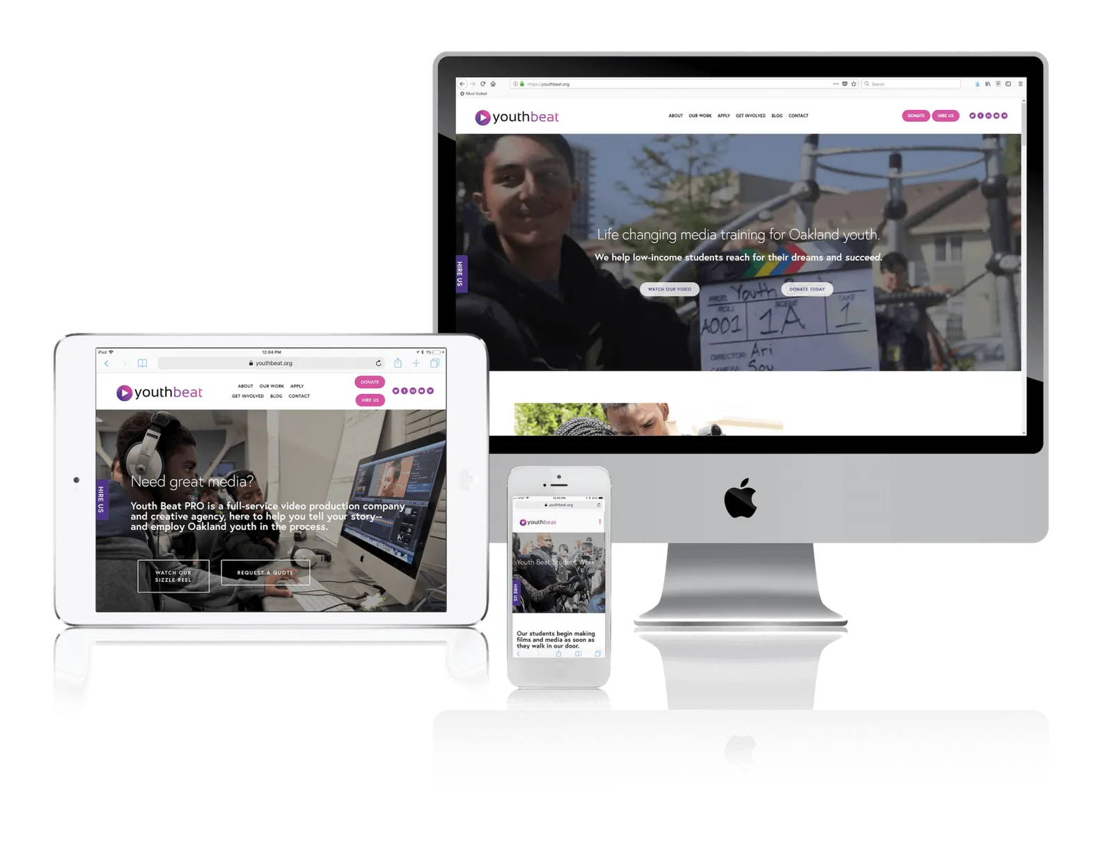 Oakland youth media training nonprofit website shown on desktop, laptop, tablet and phone