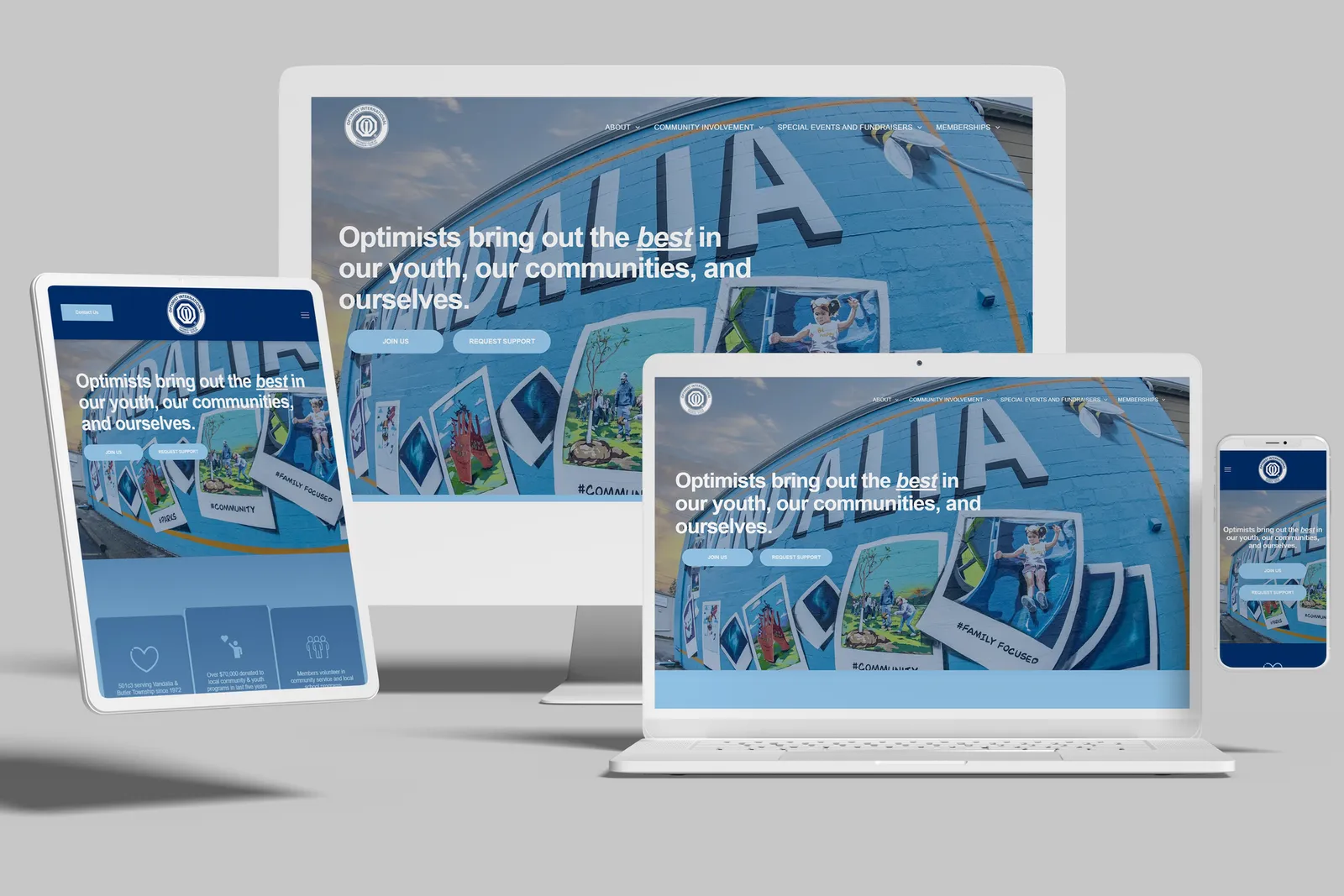 Community service club website shown on desktop, laptop, tablet and phone