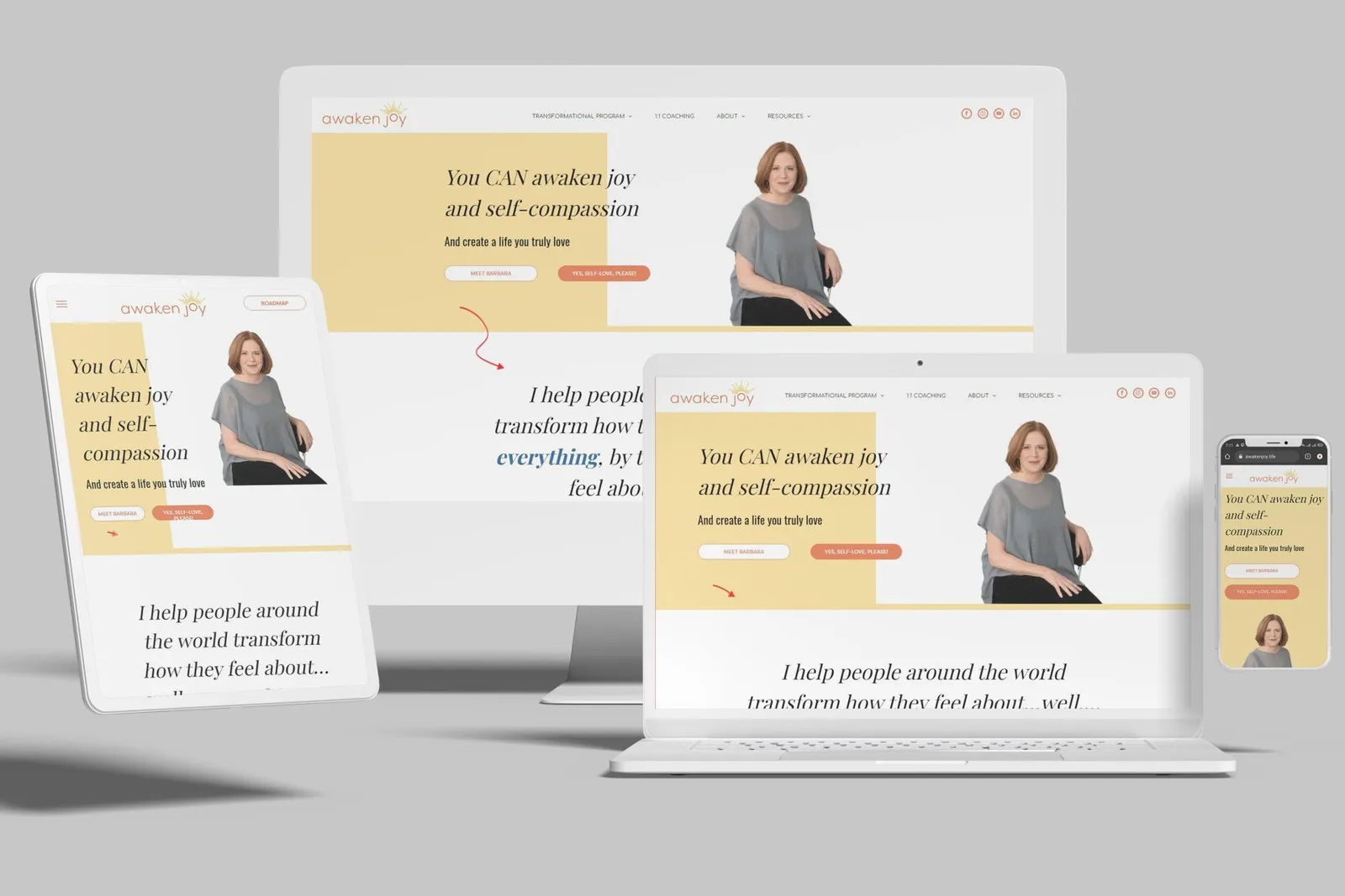 Coaching website shown on desktop, laptop, tablet and phone