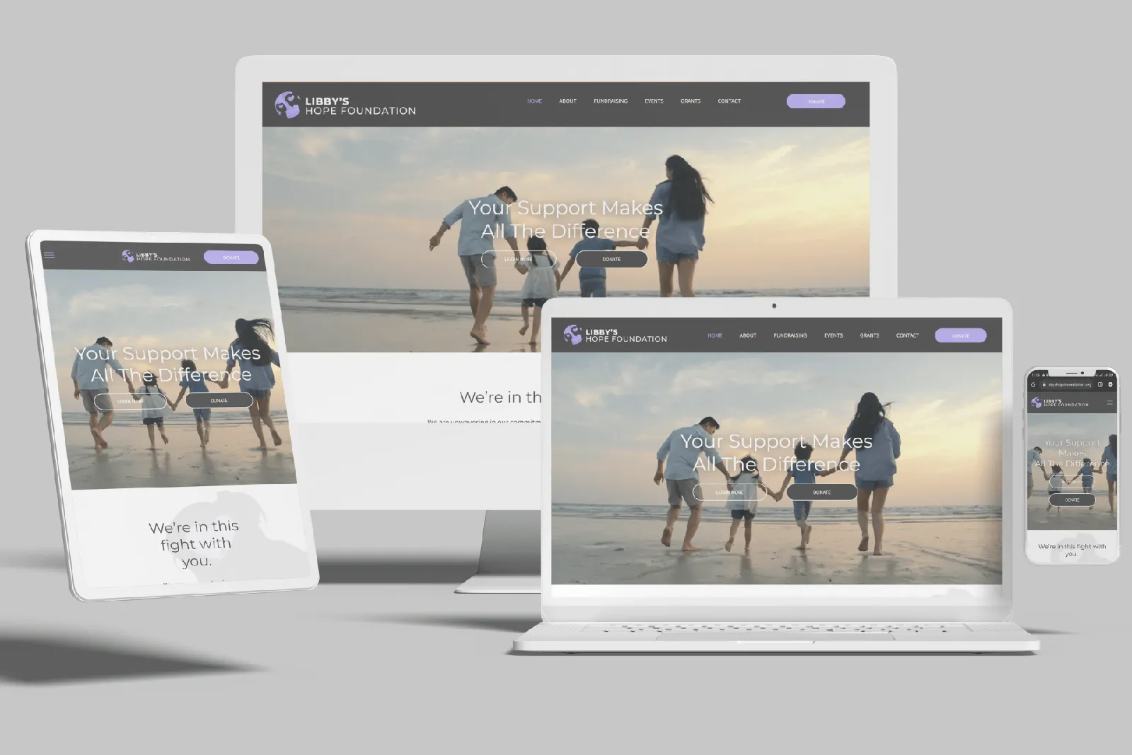 Nonprofit foundation website shown on desktop, laptop, tablet and phone