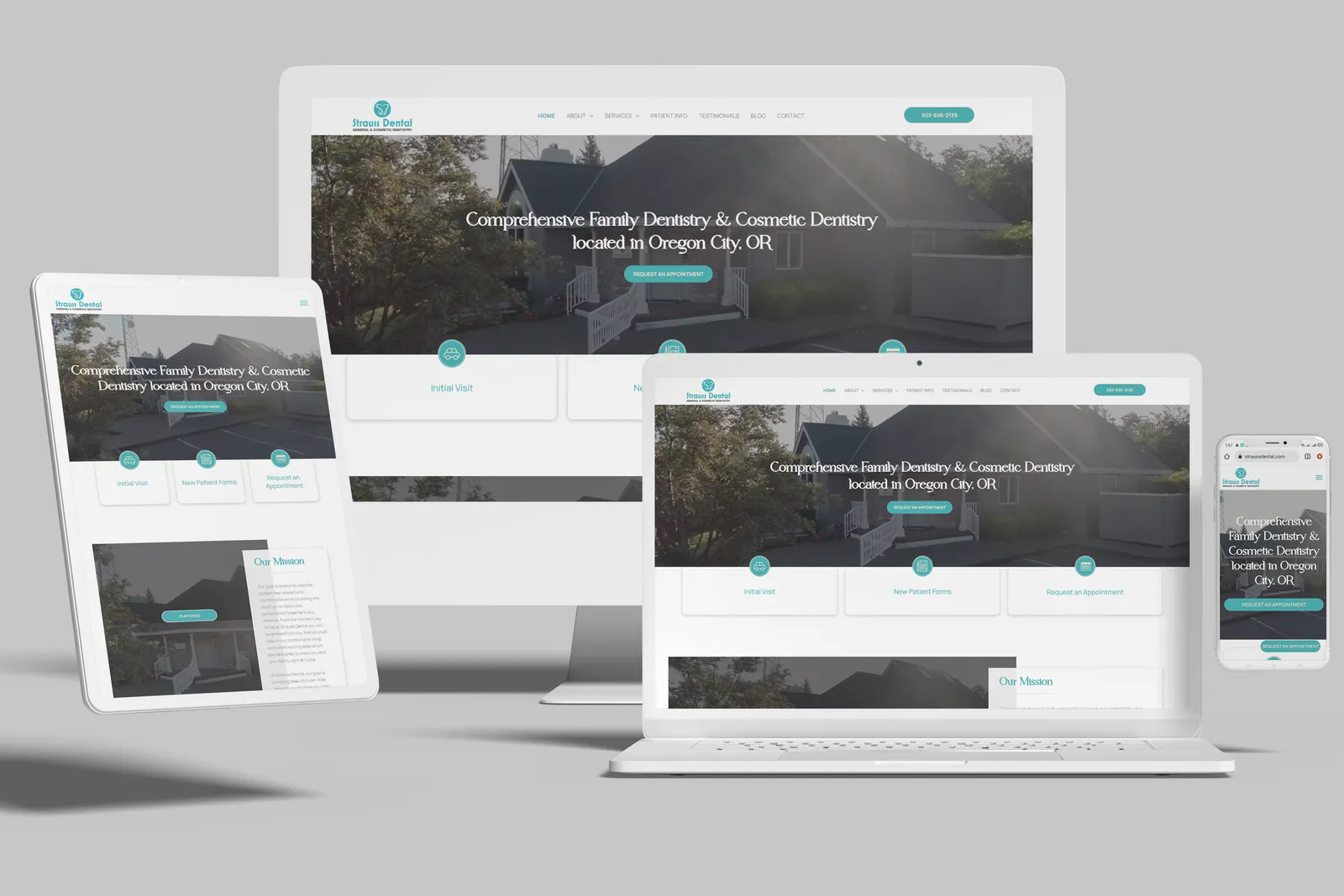 Dental practice website shown on desktop, laptop, tablet and phone