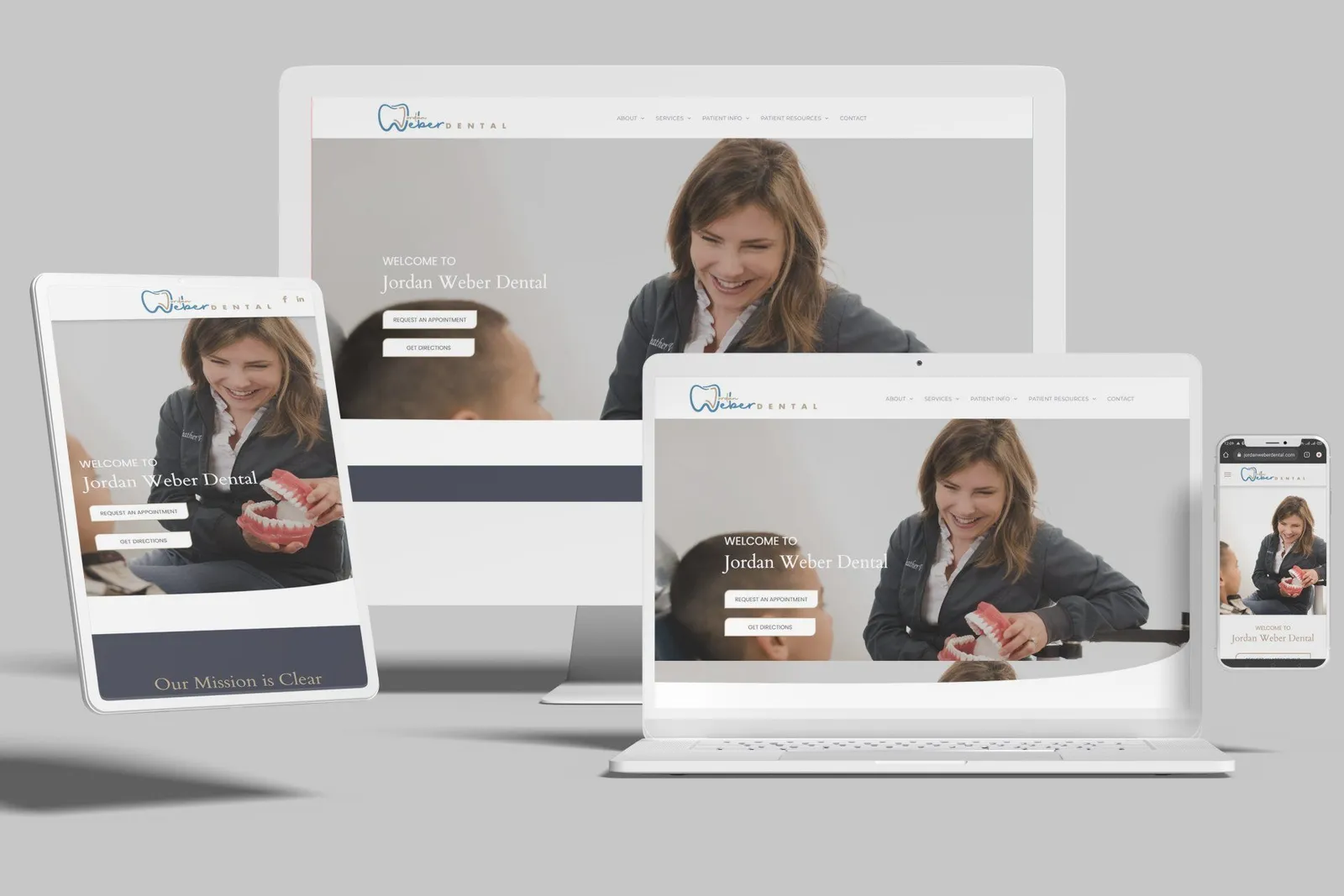 Dental practice website shown on desktop, laptop, tablet and phone