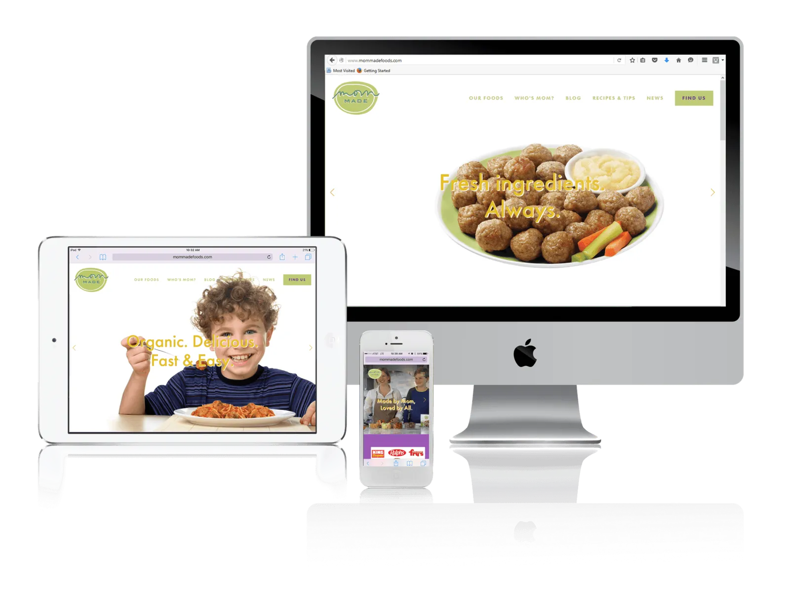 Organic frozen meals brand website shown on desktop, laptop, tablet and phone