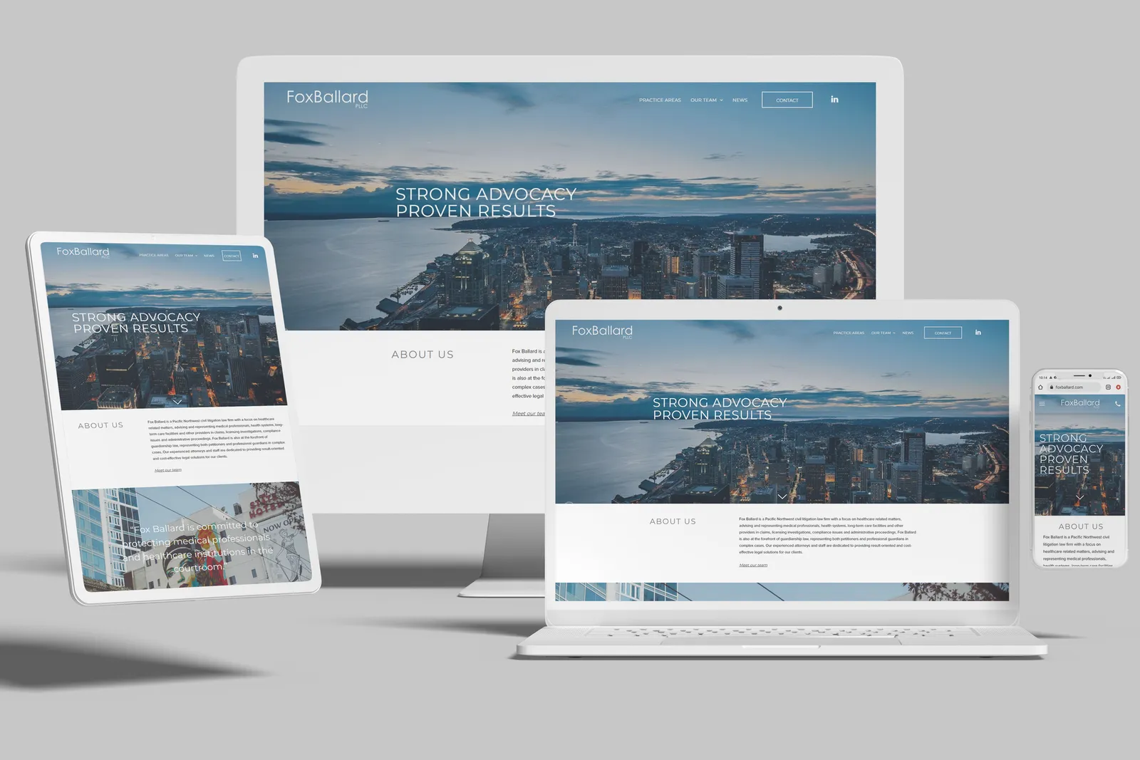 Law firm website shown on desktop, laptop, tablet and phone