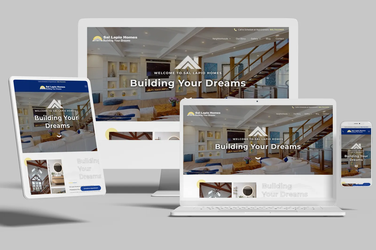 Home builder website shown on desktop, laptop, tablet and phone