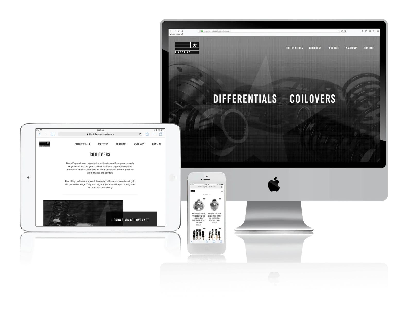 Auto parts manufacturer website shown on desktop, laptop, tablet and phone