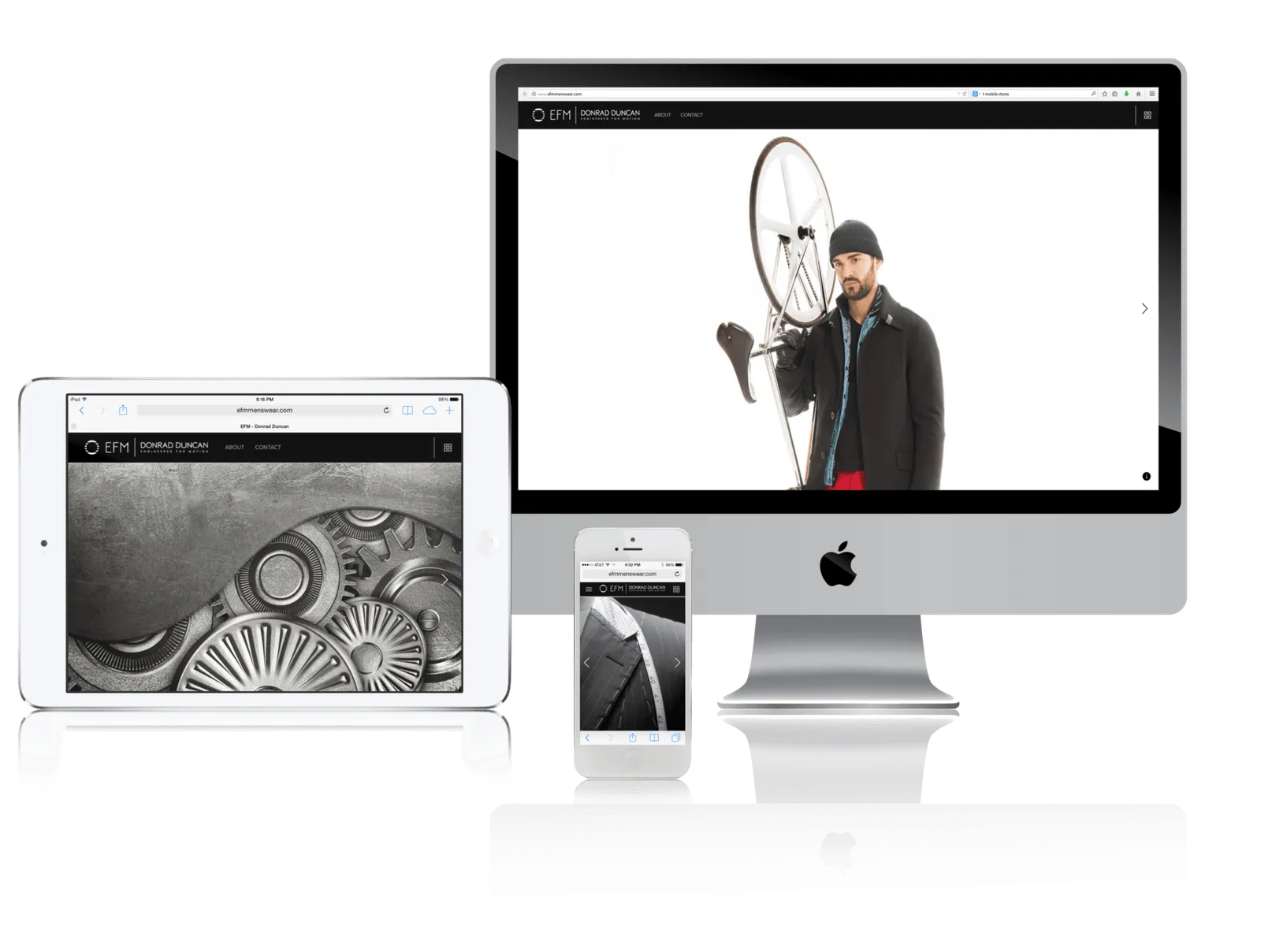 Menswear brand website shown on desktop, laptop, tablet and phone
