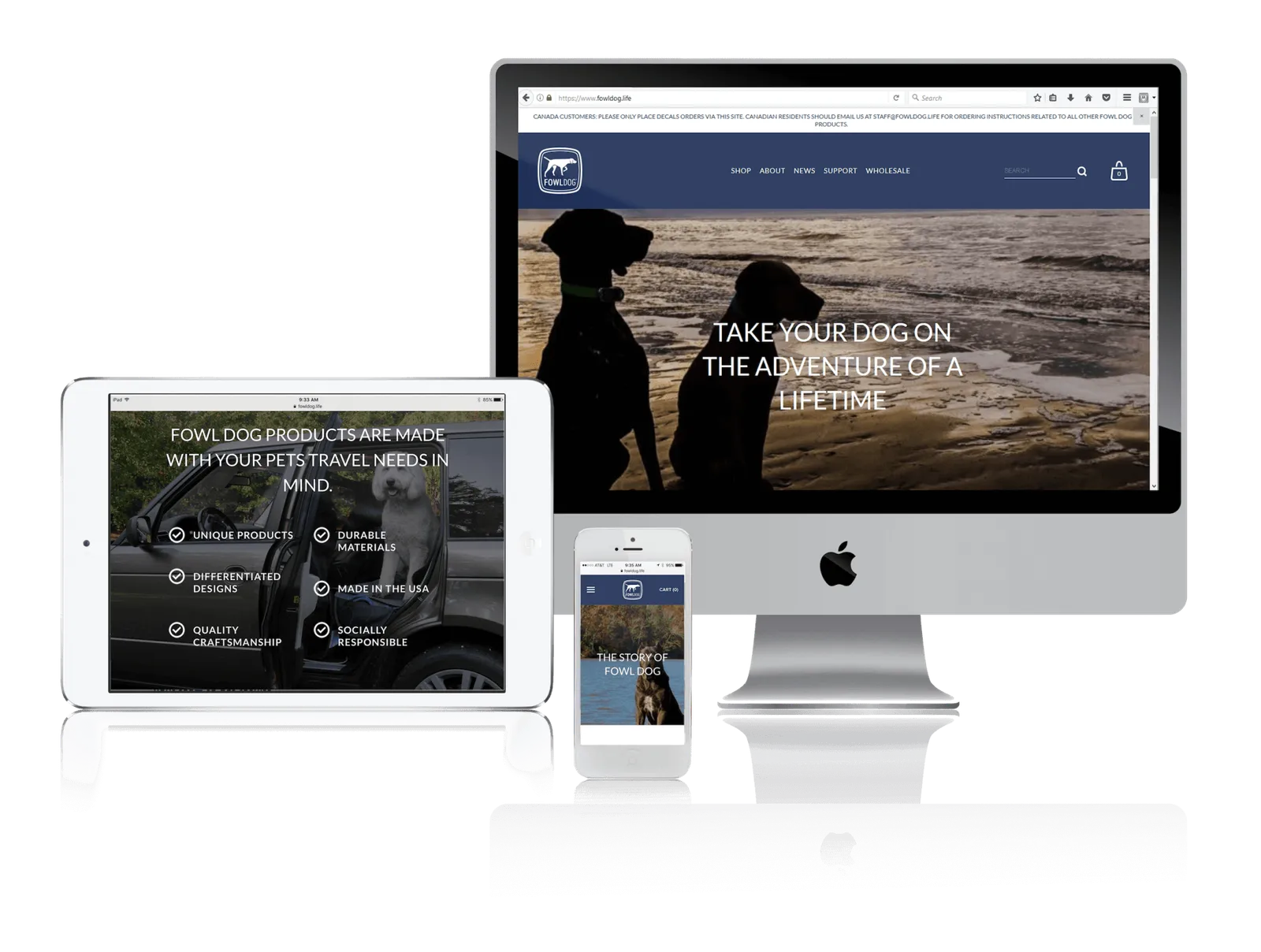 Pet travel products store website shown on desktop, laptop, tablet and phone