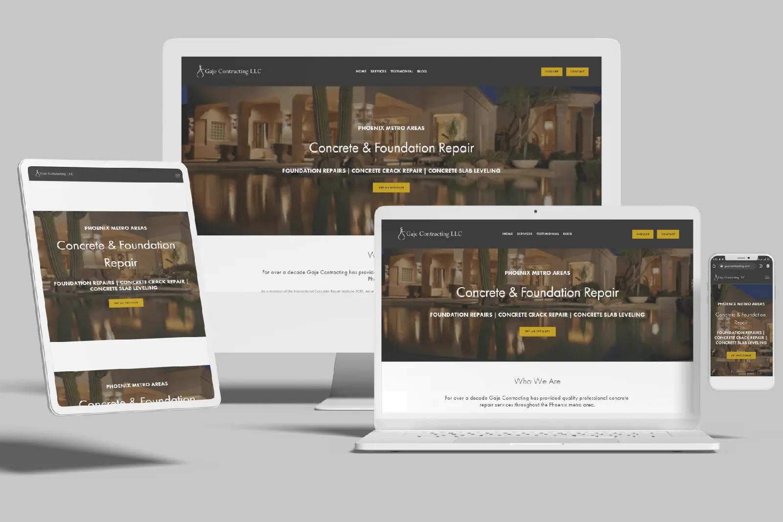 Foundation repair contractor website shown on desktop, laptop, tablet and phone