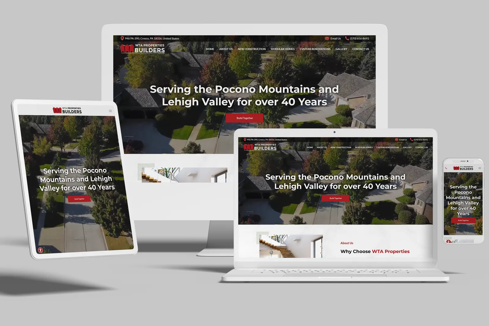 Home builder website shown on desktop, laptop, tablet and phone
