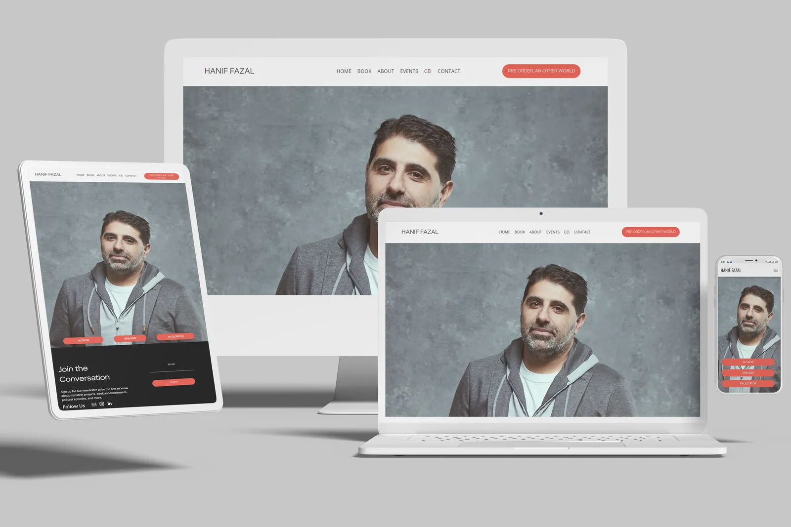 Author website shown on desktop, laptop, tablet and phone