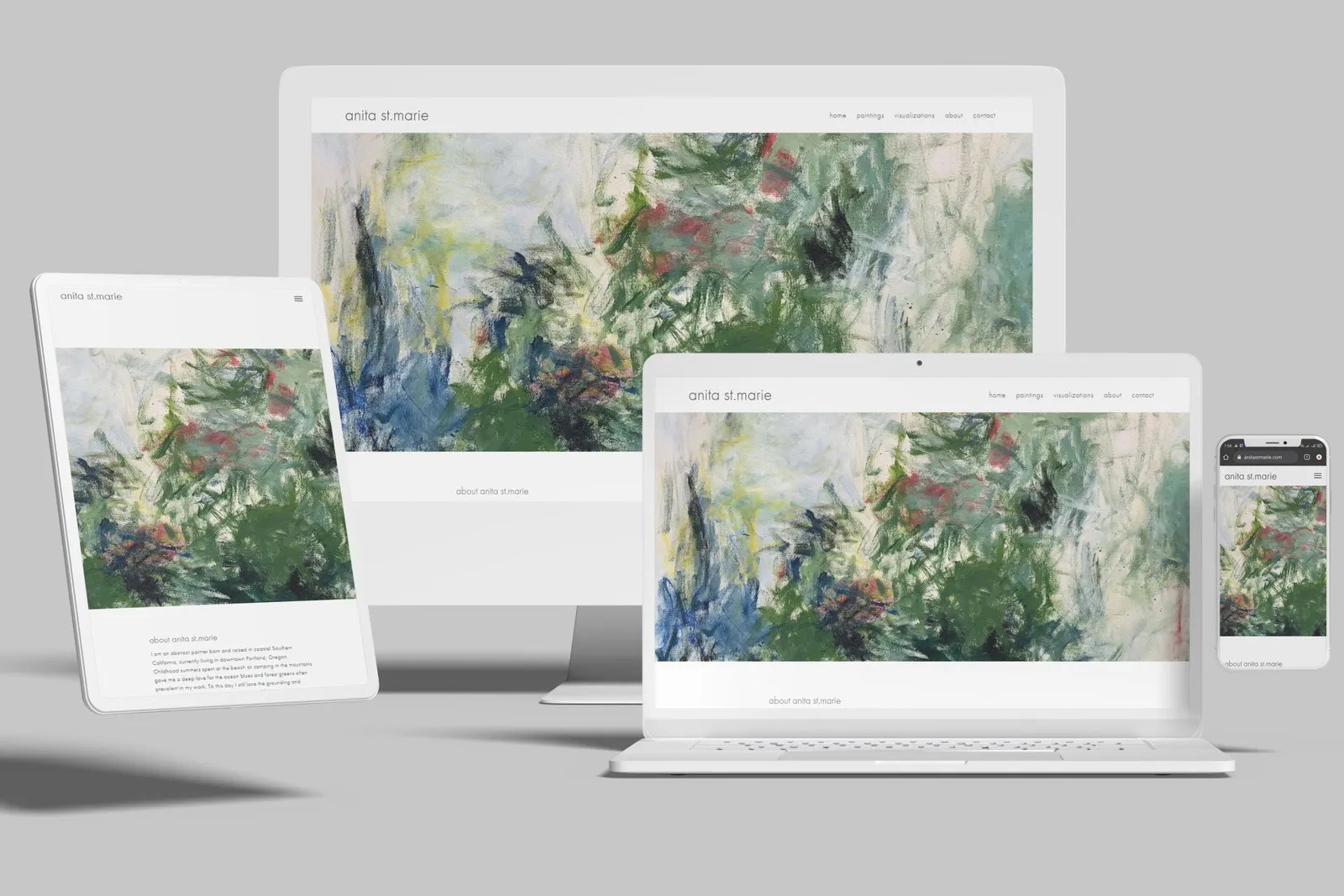 Abstract artist website shown on desktop, laptop, tablet and phone
