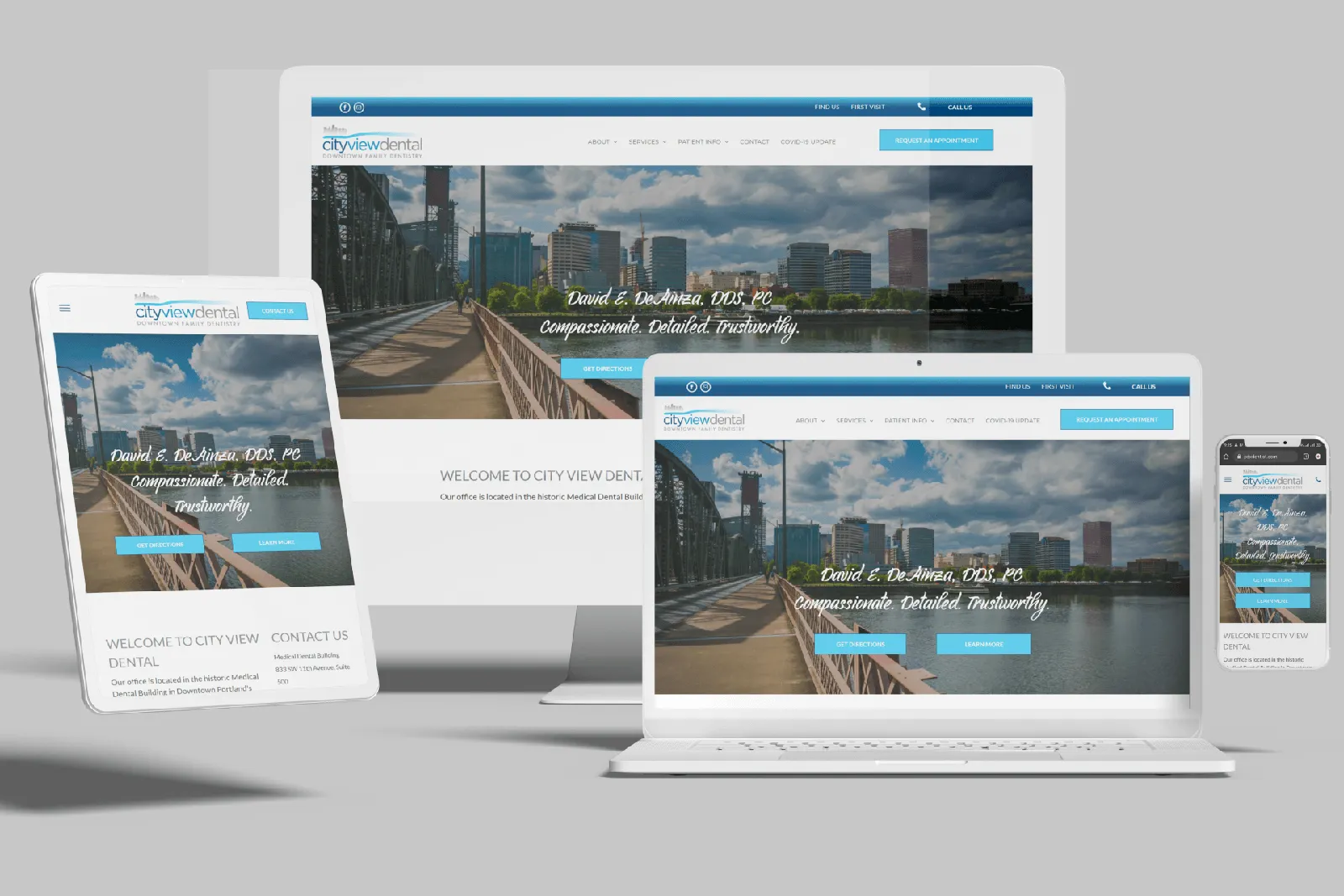 Dental practice website shown on desktop, laptop, tablet and phone