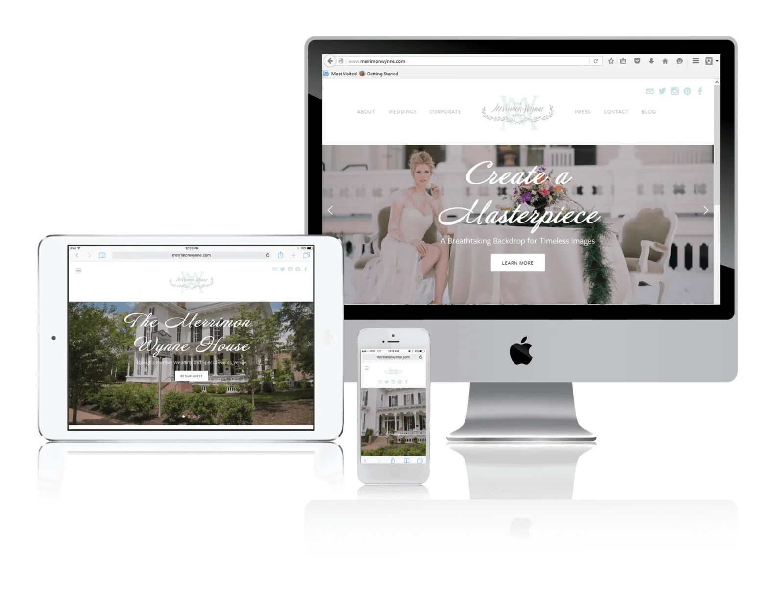 Raleigh historic estate venue website shown on desktop, laptop, tablet and phone