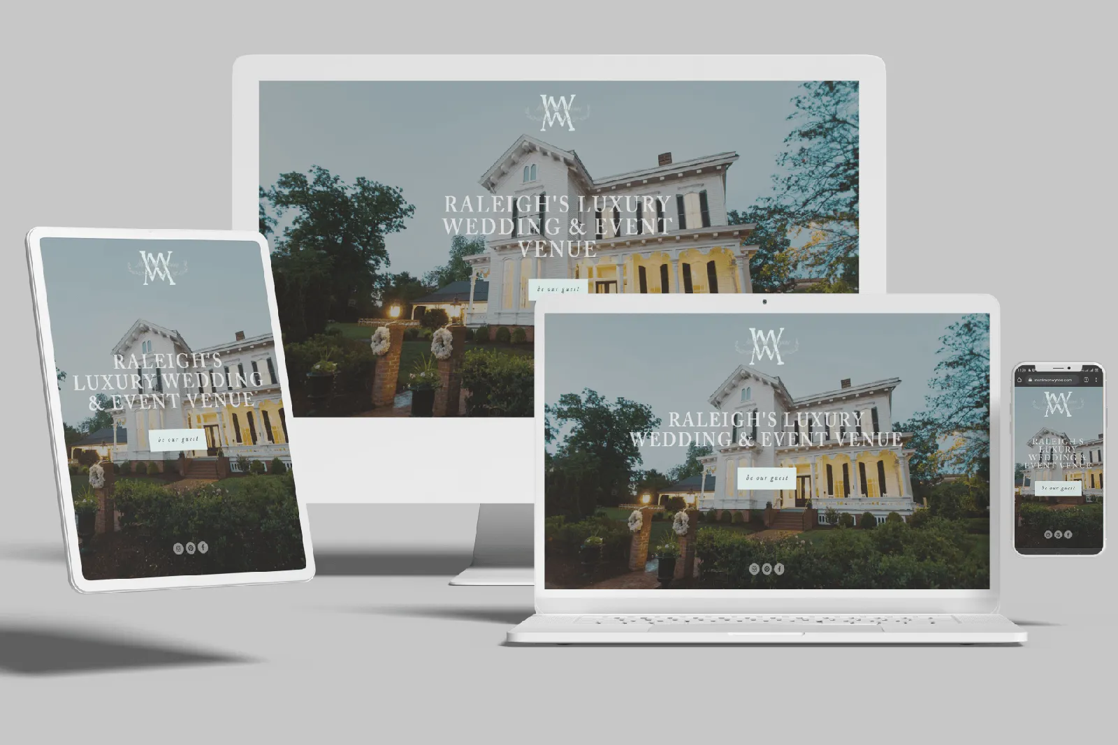 Wedding venue website shown on desktop, laptop, tablet and phone