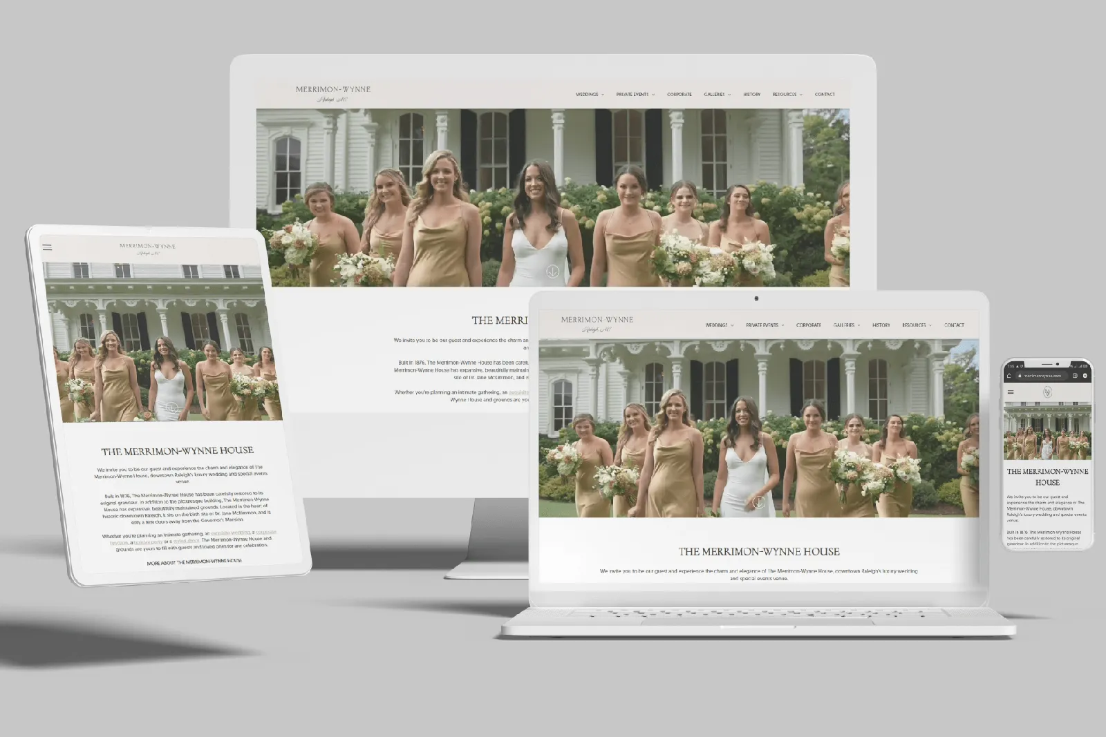 Wedding venue website shown on desktop, laptop, tablet and phone
