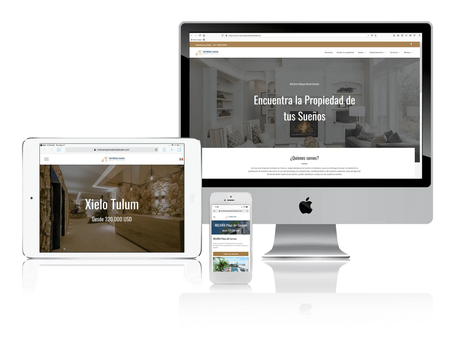 Real estate firm website shown on desktop, laptop, tablet and phone