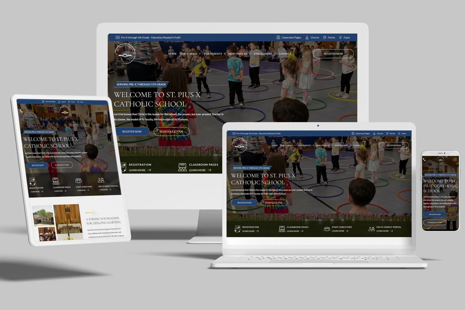 Elementary school website shown on desktop, laptop, tablet and phone