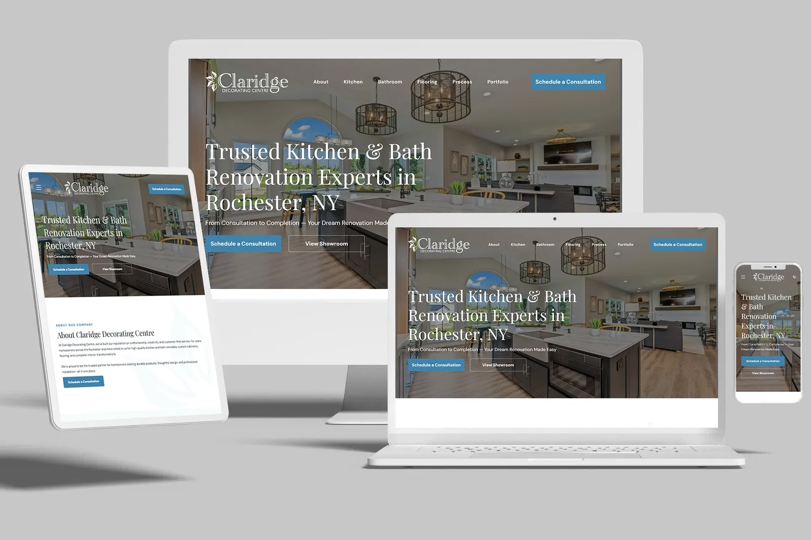 Home remodeler website shown on desktop, laptop, tablet and phone