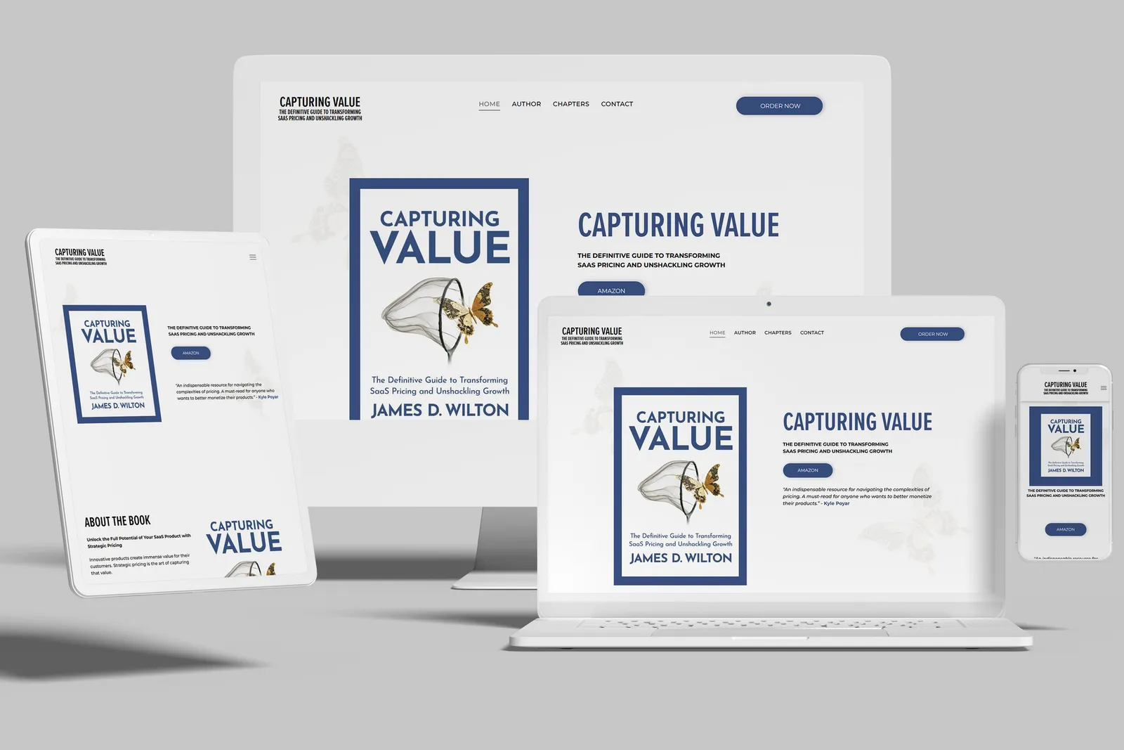 Book author website shown on desktop, laptop, tablet and phone