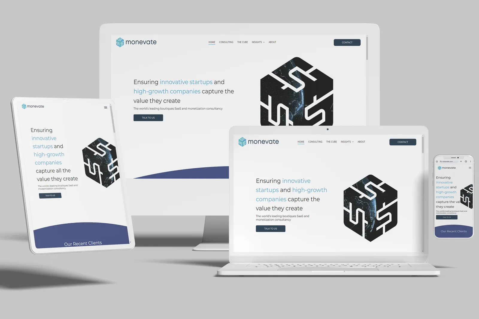 Consulting firm website shown on desktop, laptop, tablet and phone