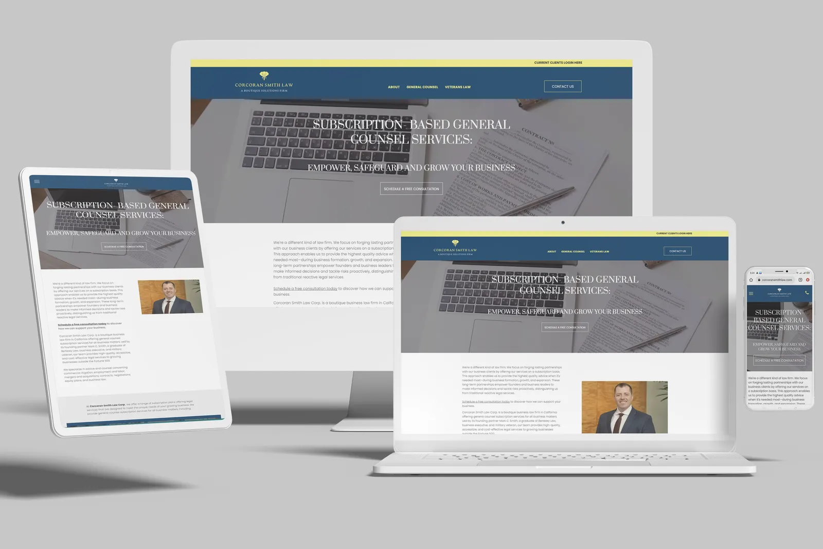 Law firm website shown on desktop, laptop, tablet and phone