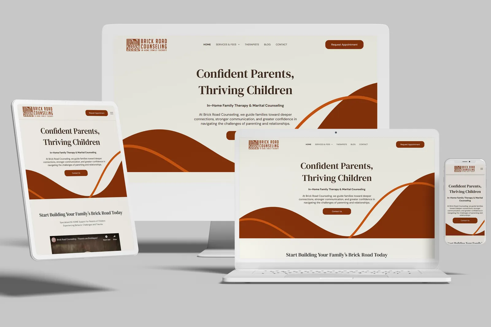 Counseling practice website shown on desktop, laptop, tablet and phone