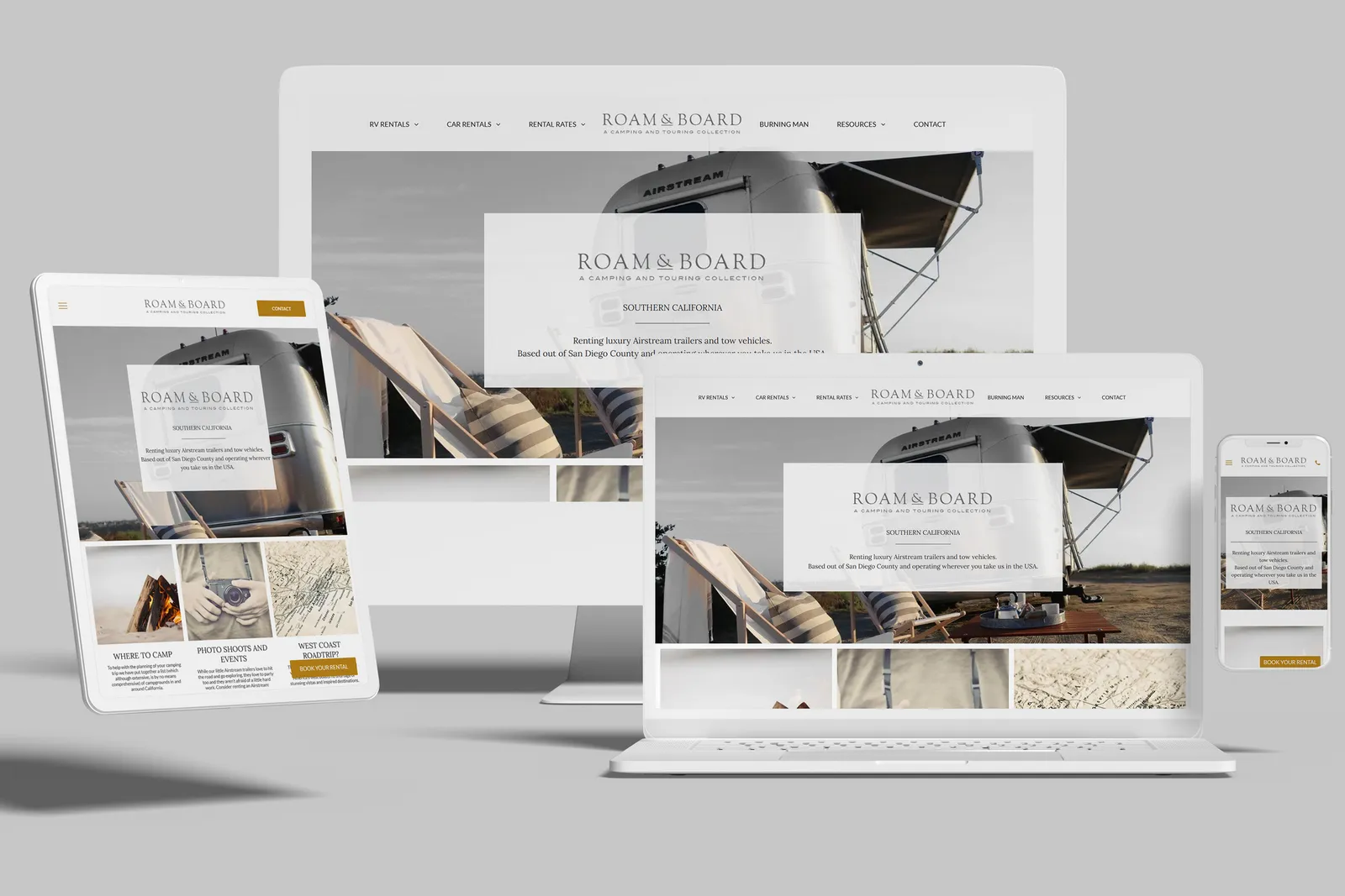 Travel rental website shown on desktop, laptop, tablet and phone