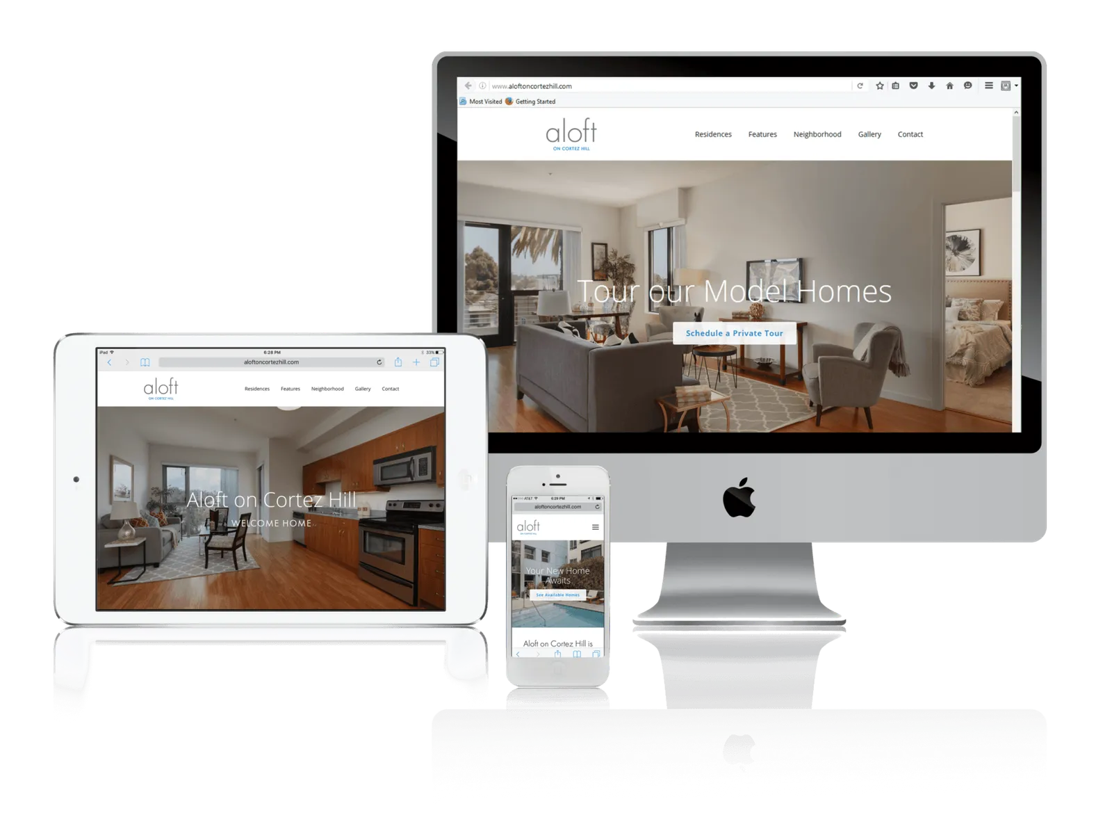 Residential building website shown on desktop, laptop, tablet and phone