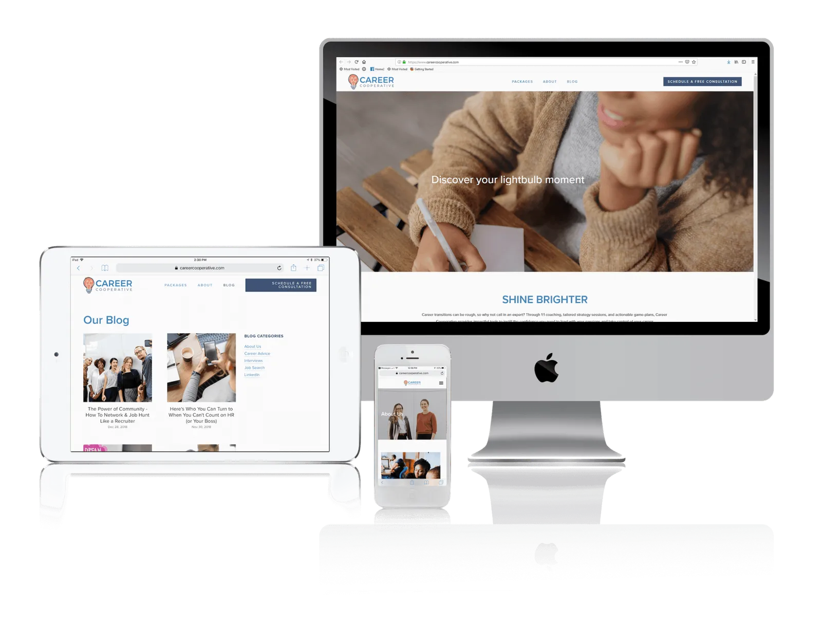 Career coaching startup website shown on desktop, laptop, tablet and phone