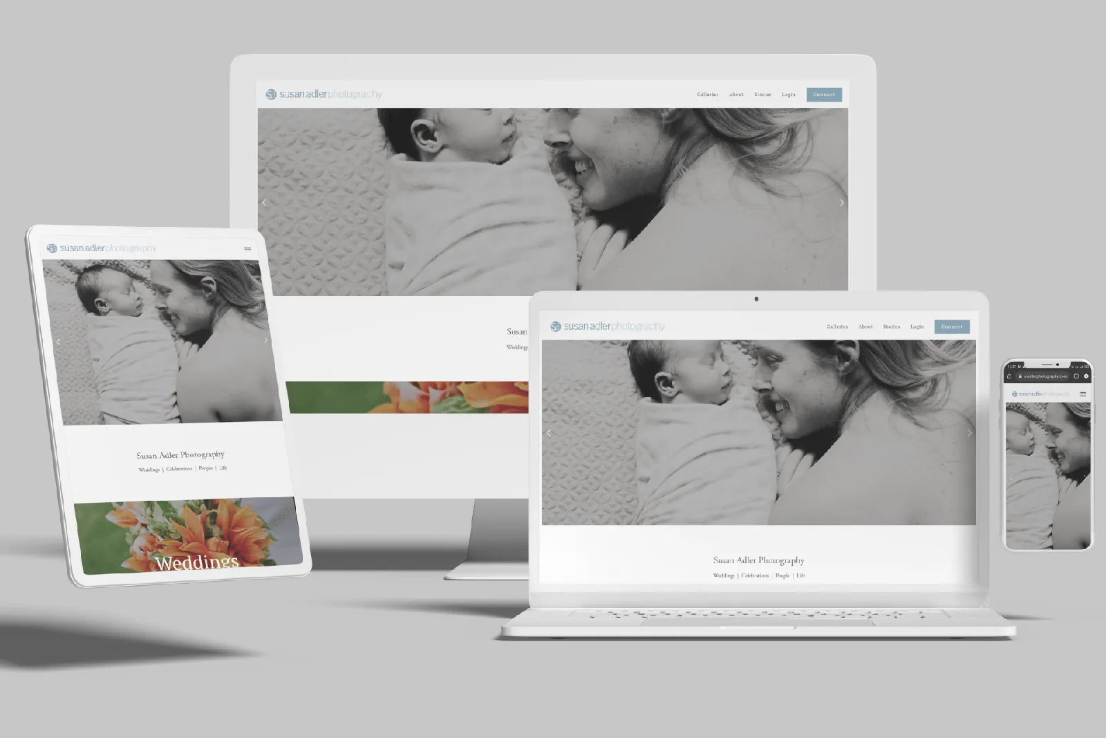 Family and wedding photographer website shown on desktop, laptop, tablet and phone