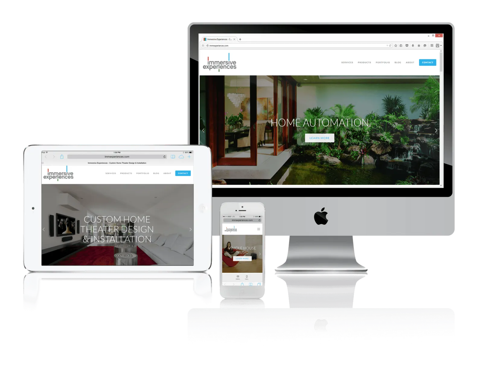 Home audio and theater installer website shown on desktop, laptop, tablet and phone