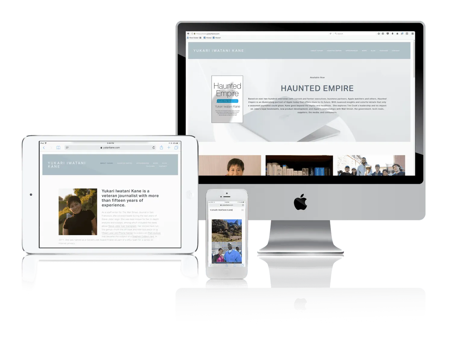 Journalist and author website shown on desktop, laptop, tablet and phone